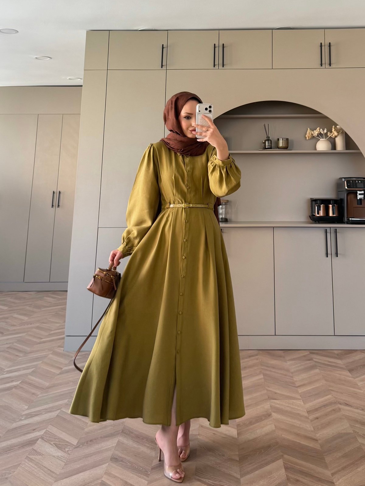 Perla Kemerli Elbise Yağ Yeşili 