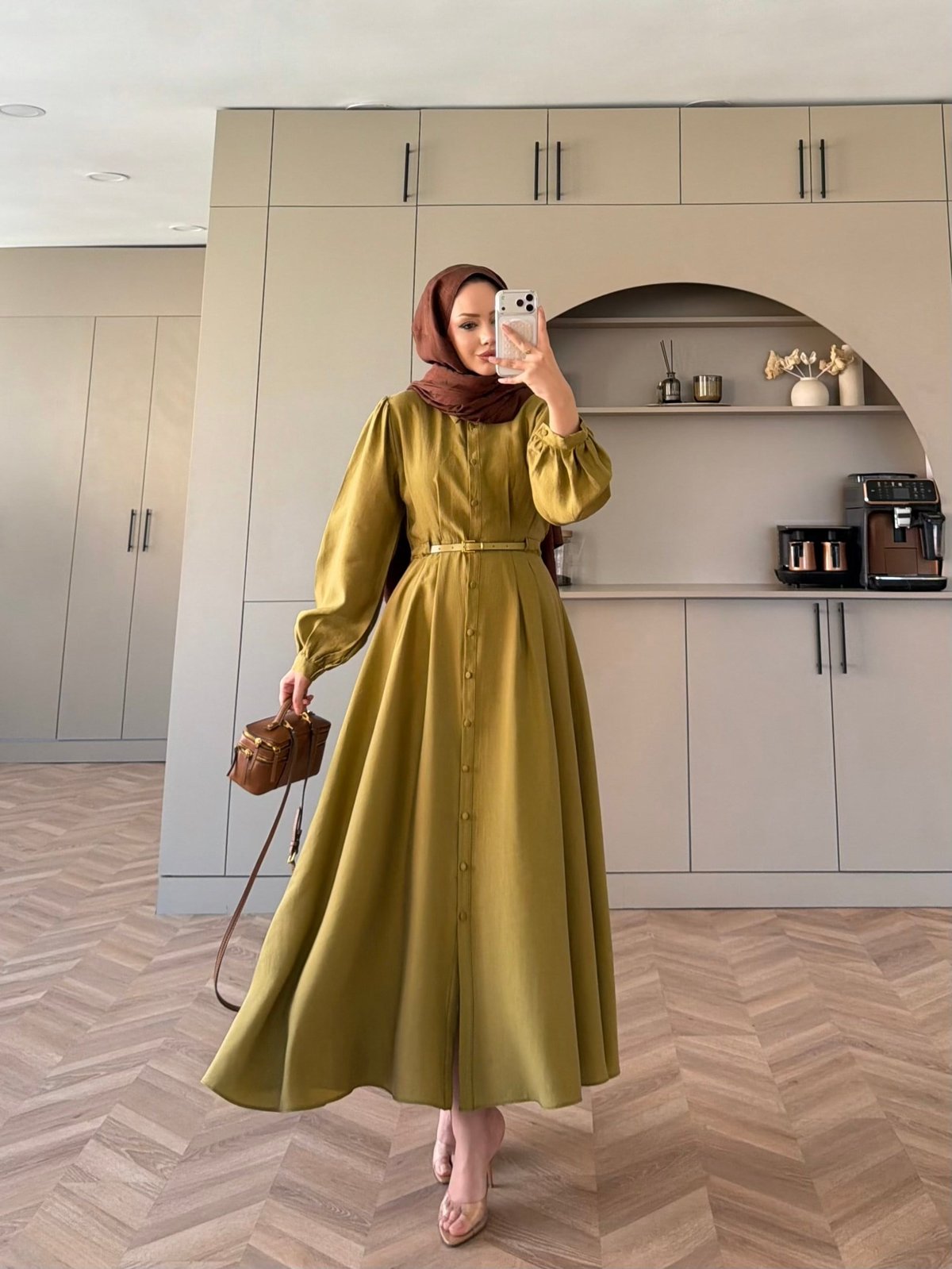 Perla Kemerli Elbise Yağ Yeşili 