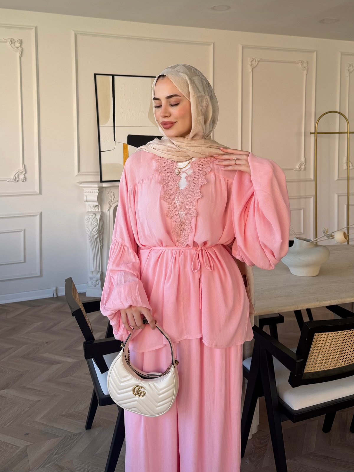 Pure Dantel Detaylı Pantolon Takım Pembe (5819)