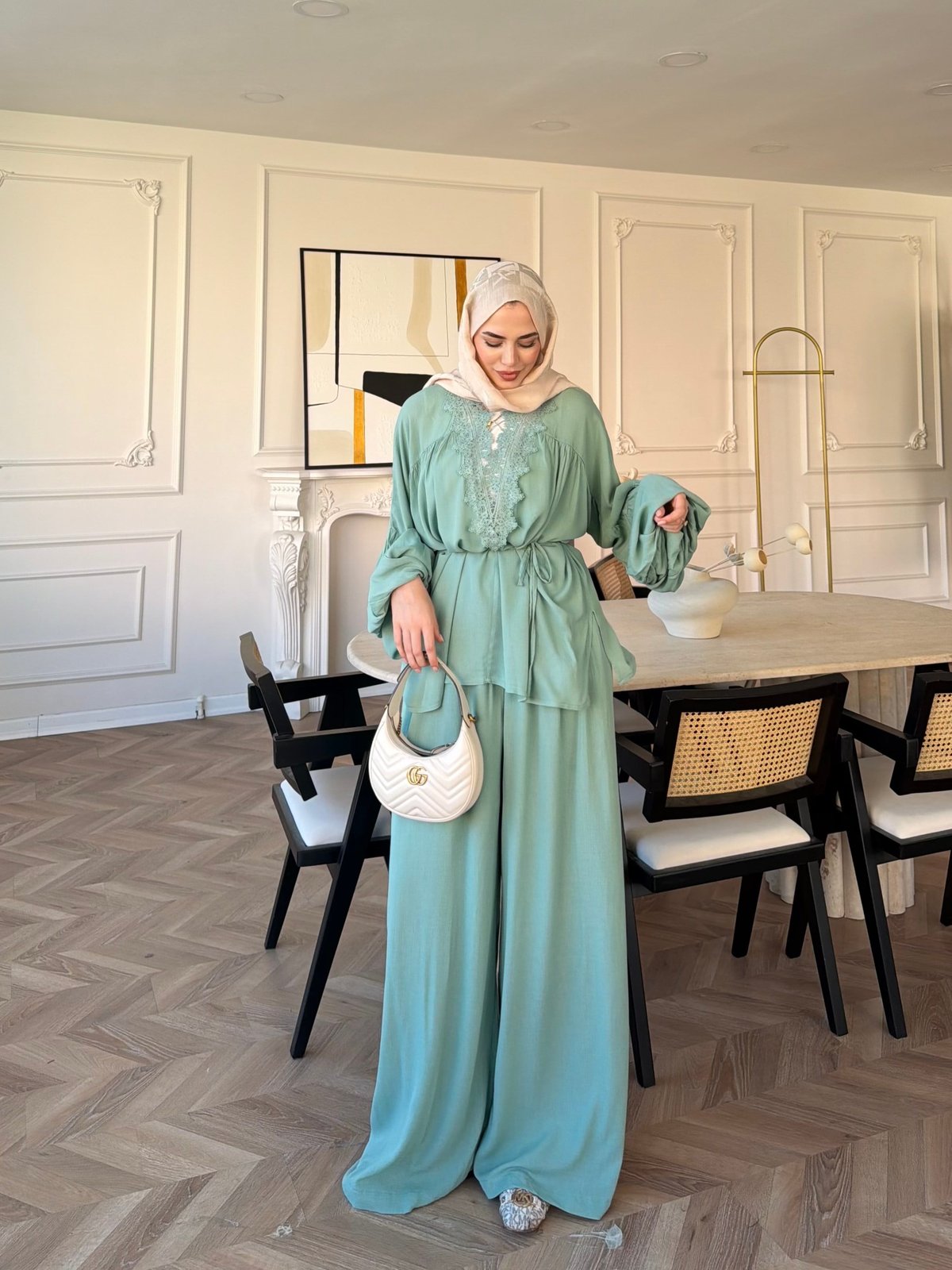 Pure Dantel Detaylı Pantolon Takım Su Yeşili (5819)