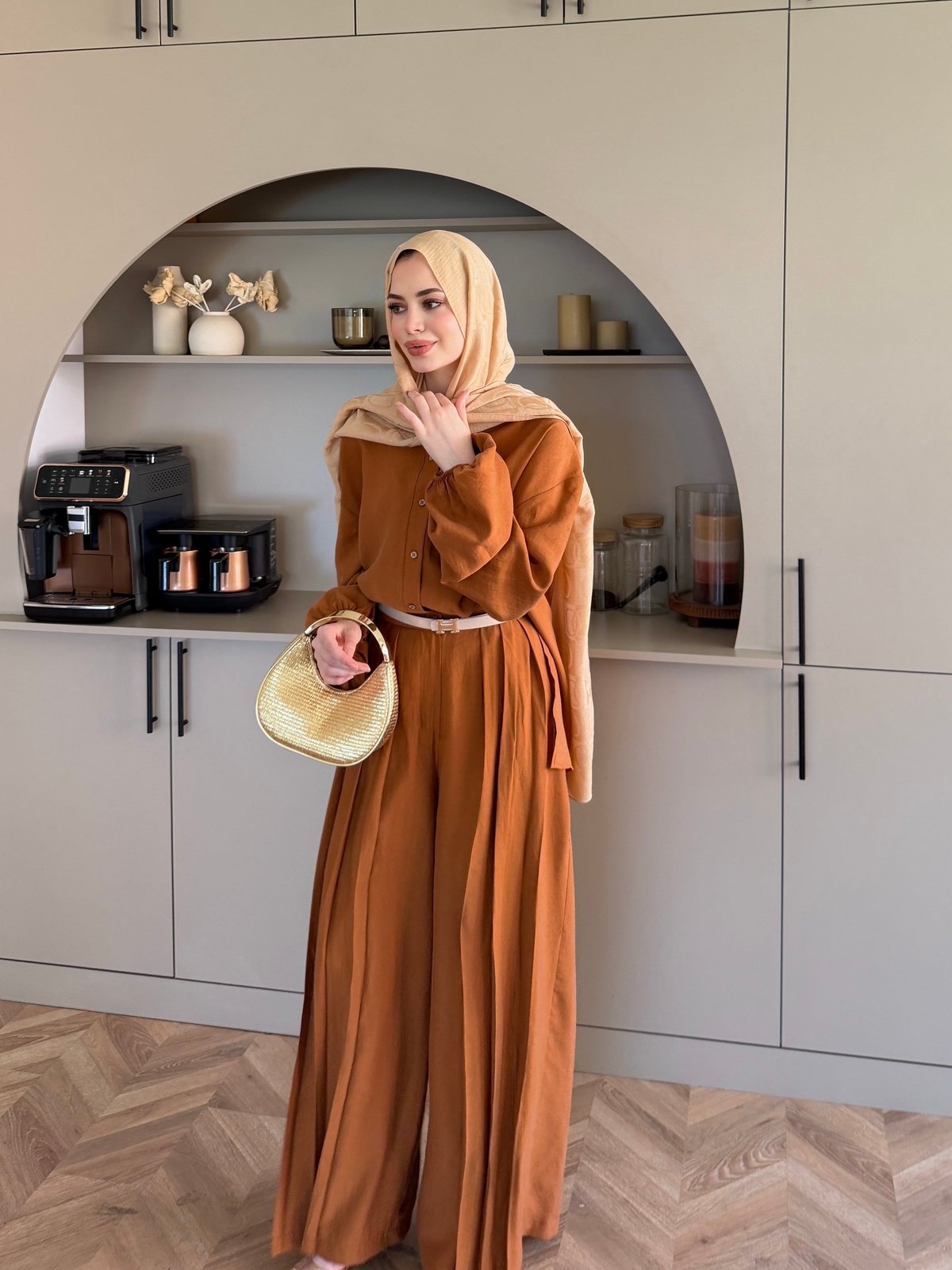 Ranua Düğme Detaylı Pantolonlu Takım Camel (5815)