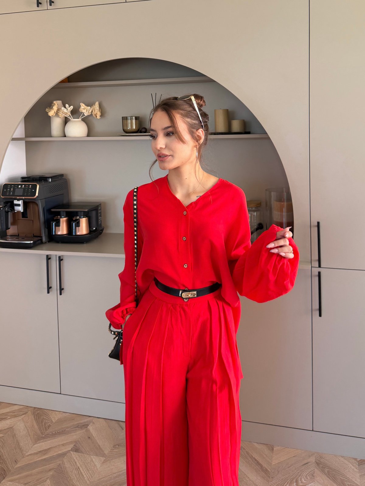 Ranua Düğme Detaylı Pantolonlu Takım Kırmızı (5815)