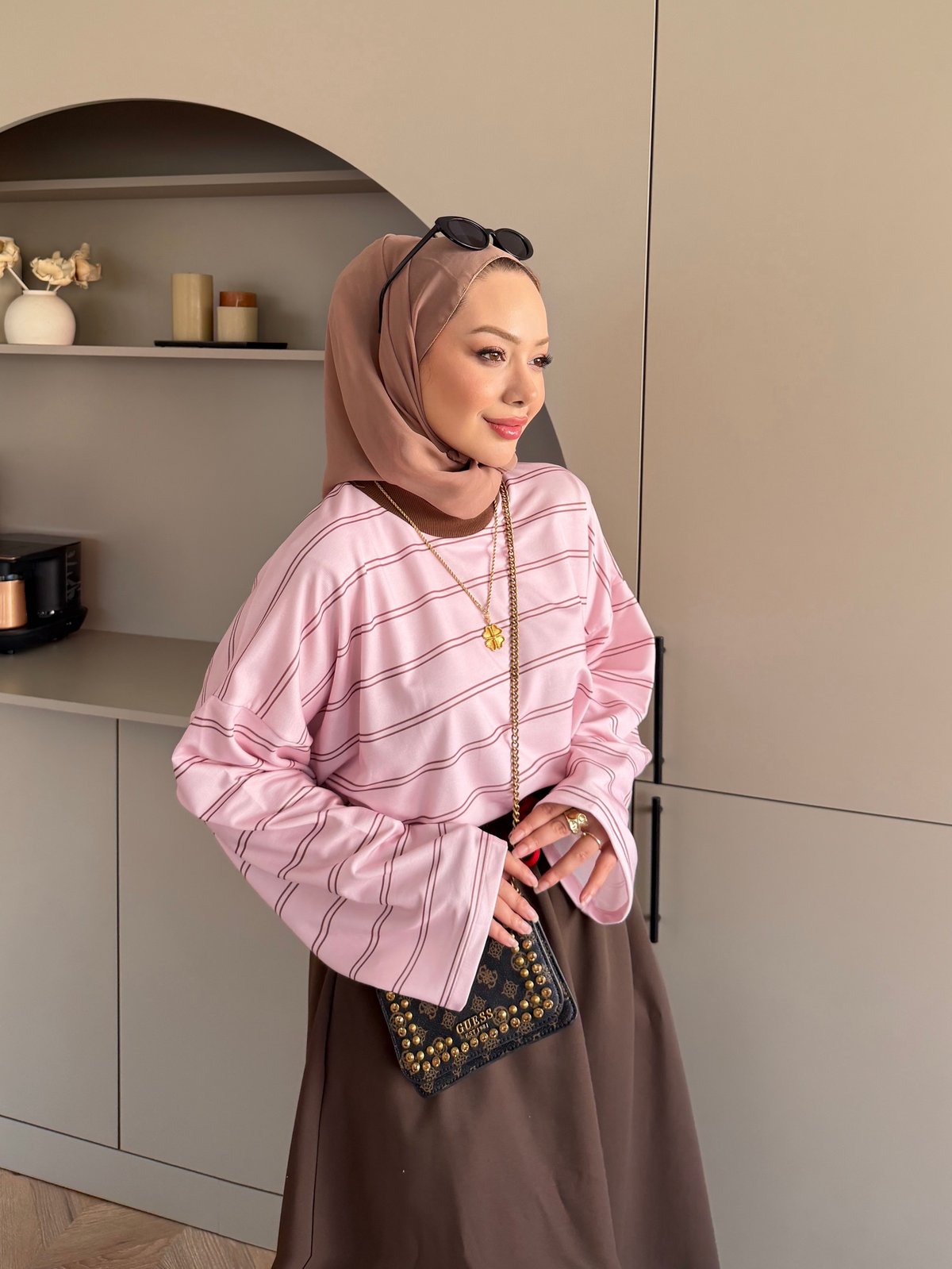 Ribana Yaka Yatay Çizgili Sweat Pembe (7020)