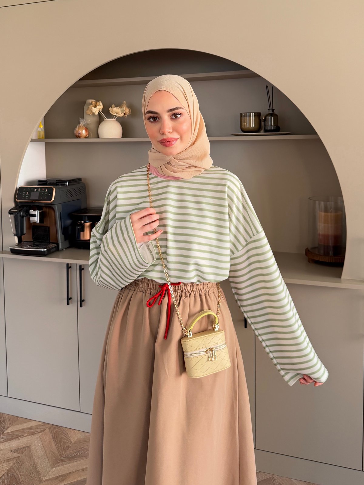 Ribana Yaka Yatay Çizgili Sweat Yeşil (7020)