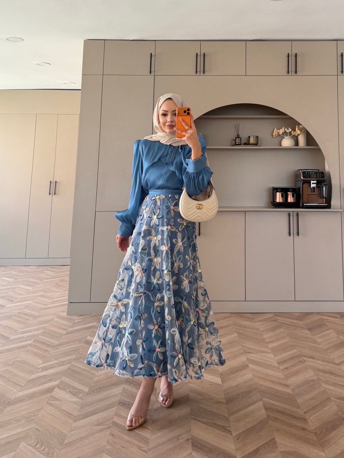 Riviera Çiçek Baskılı Etekli Takım Mavi (5790)