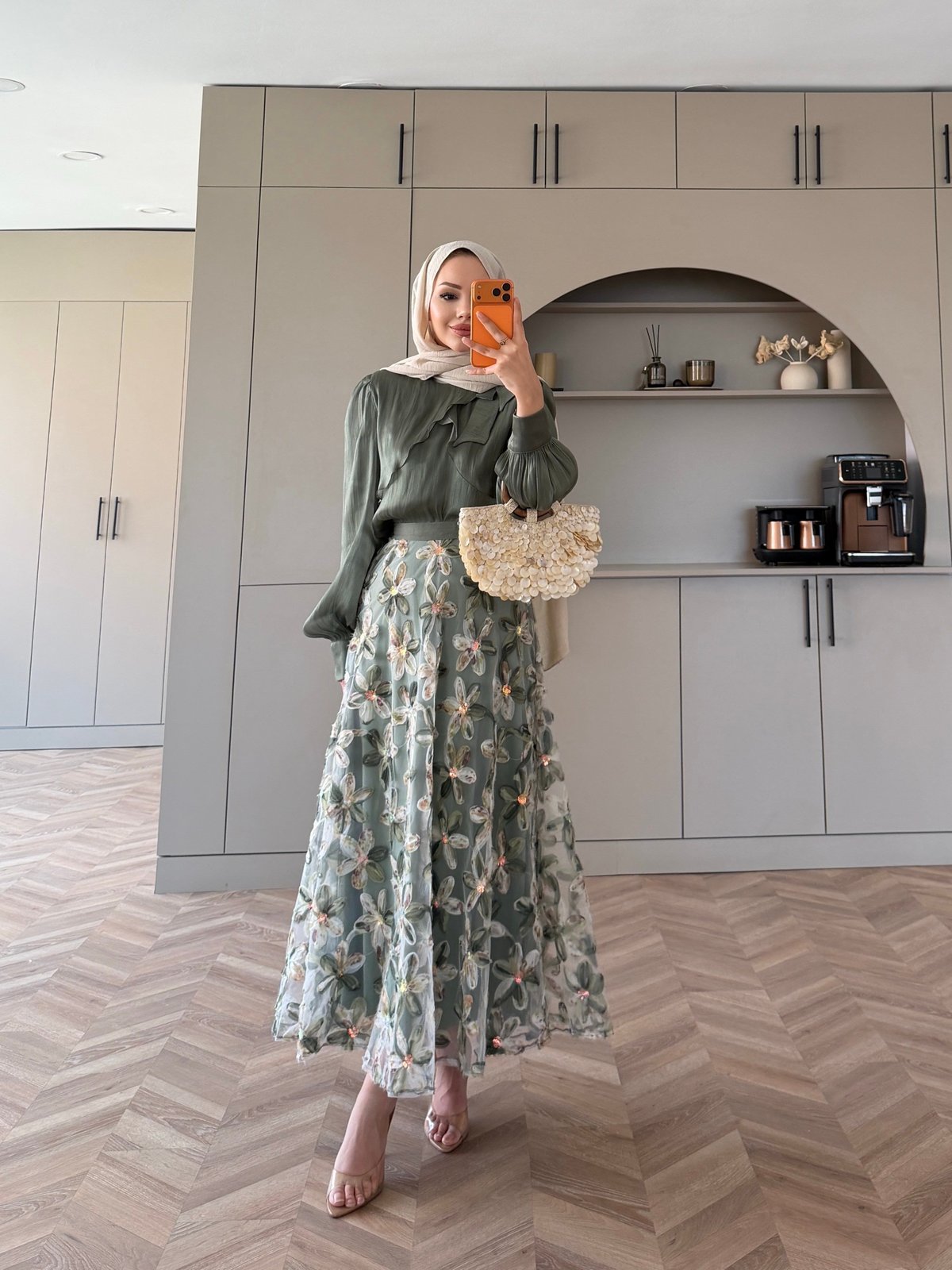 Riviera Çiçek Baskılı Etekli Takım Yeşil (5790)