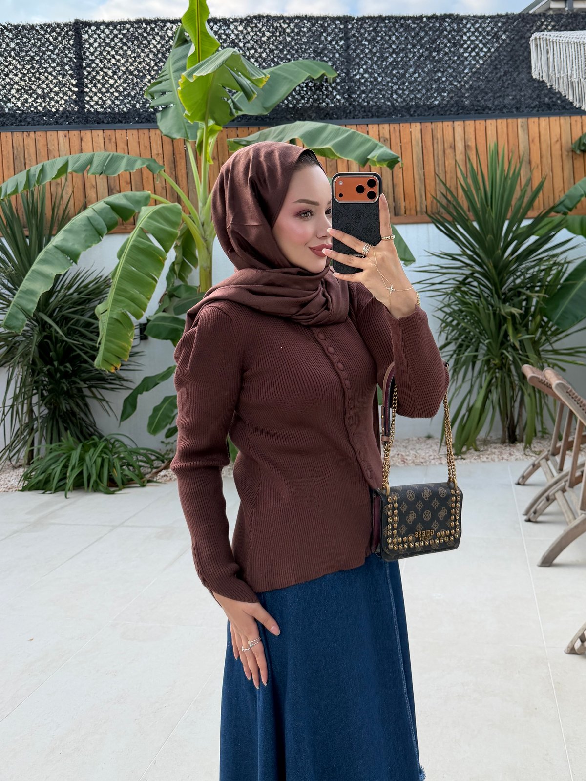 Rona Düğmeli Triko Hırka Kahve  (507)