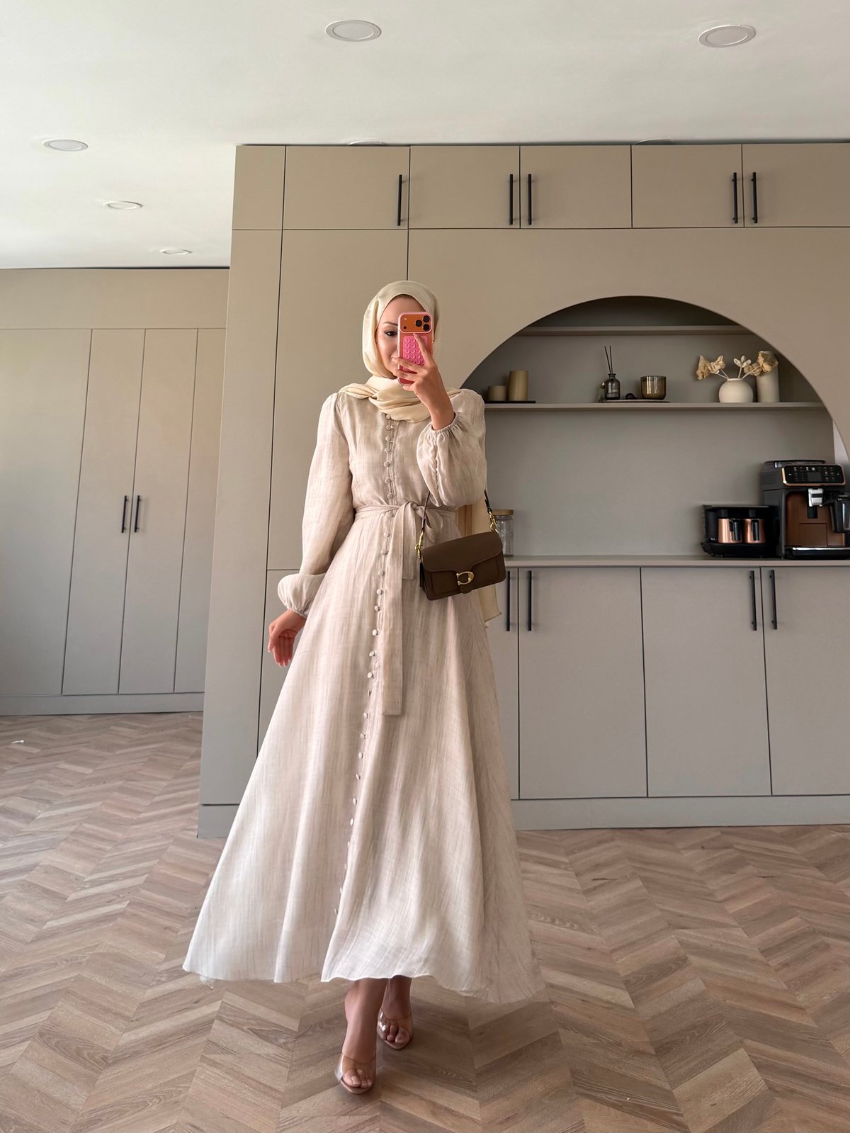 Rosef Düğmeli Elbise Bej (4531)