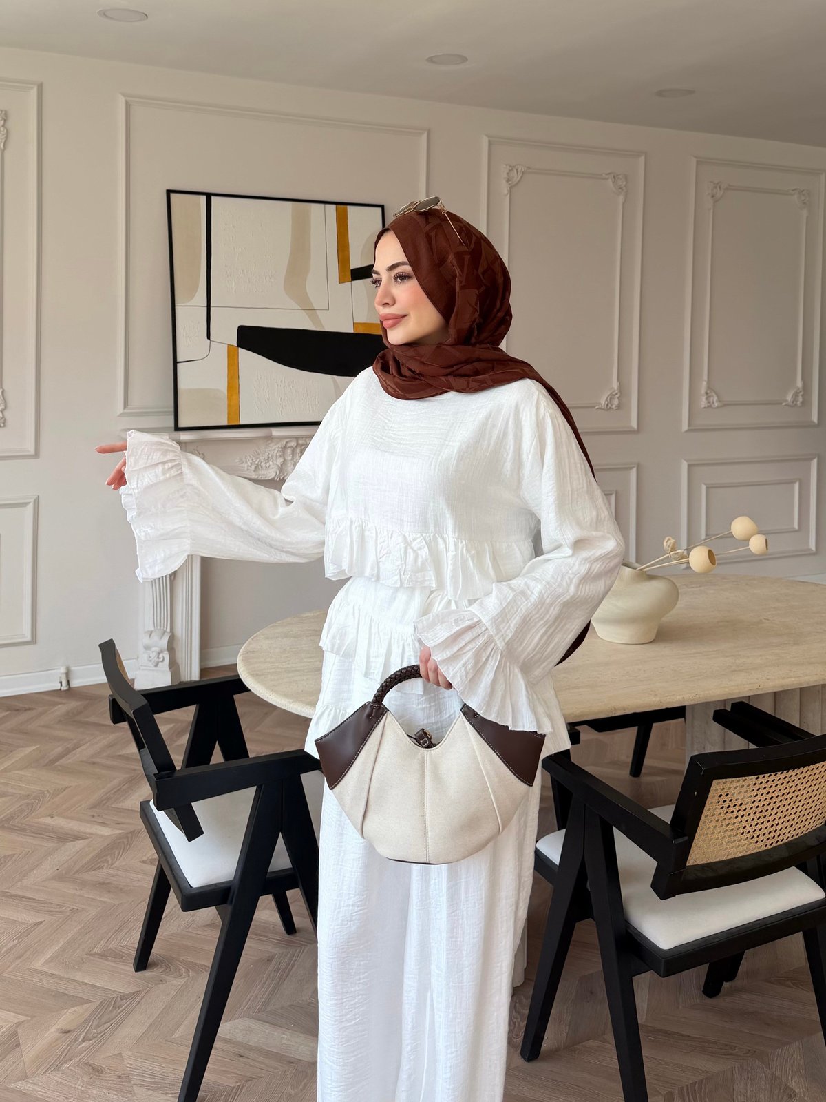 Rovika Fırfırlı Pantolonlu Takım Beyaz (4515)