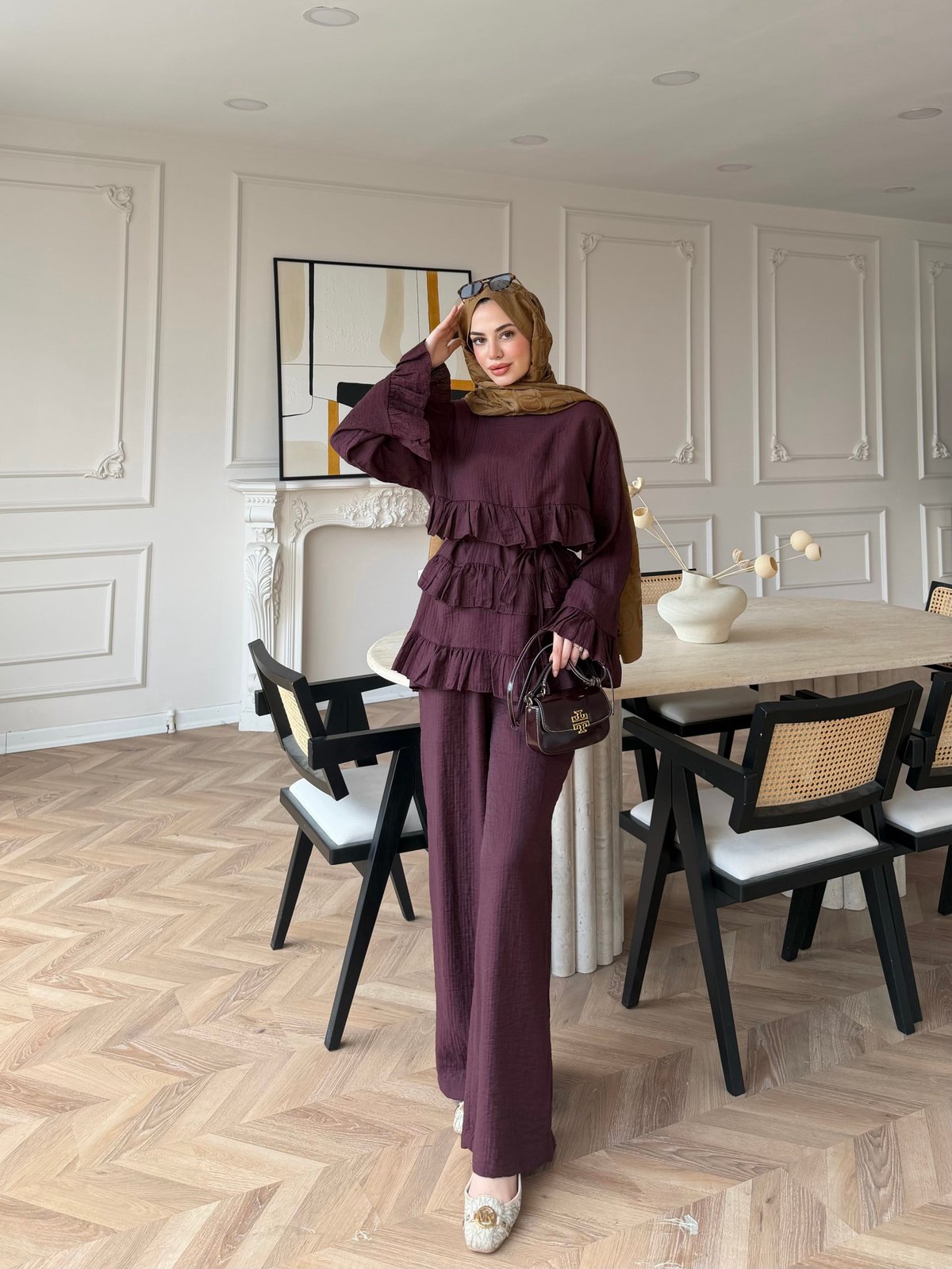 Rovika Fırfırlı Pantolonlu Takım Mürdüm (4515)