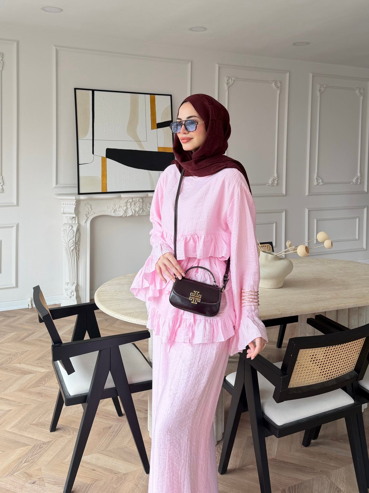 Rovika Fırfırlı Pantolonlu Takım Pembe (4515)