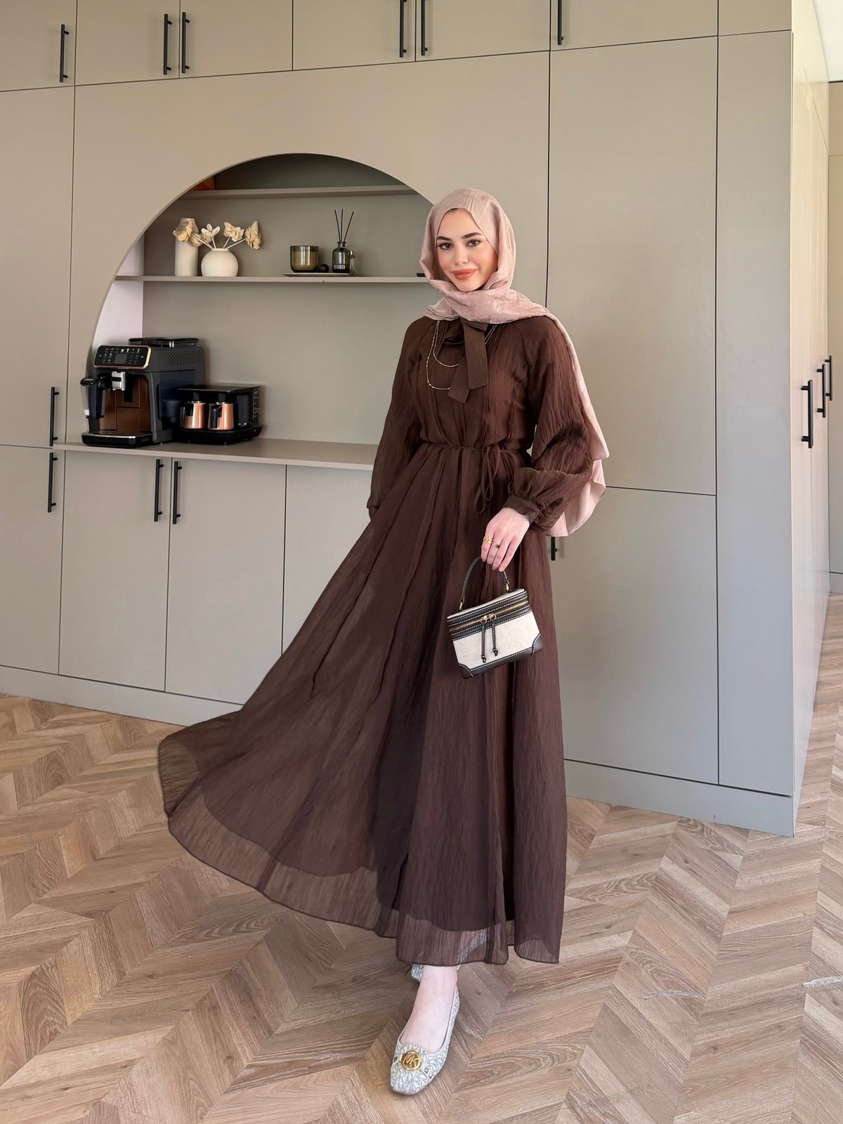 Safir Bağlama Detaylı Elbise Acı Kahve (4472)