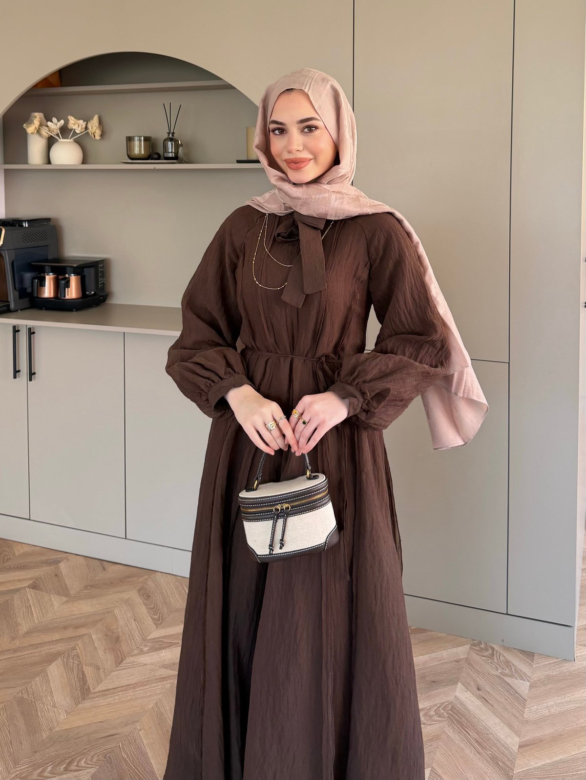 Safir Bağlama Detaylı Elbise Acı Kahve (4472)