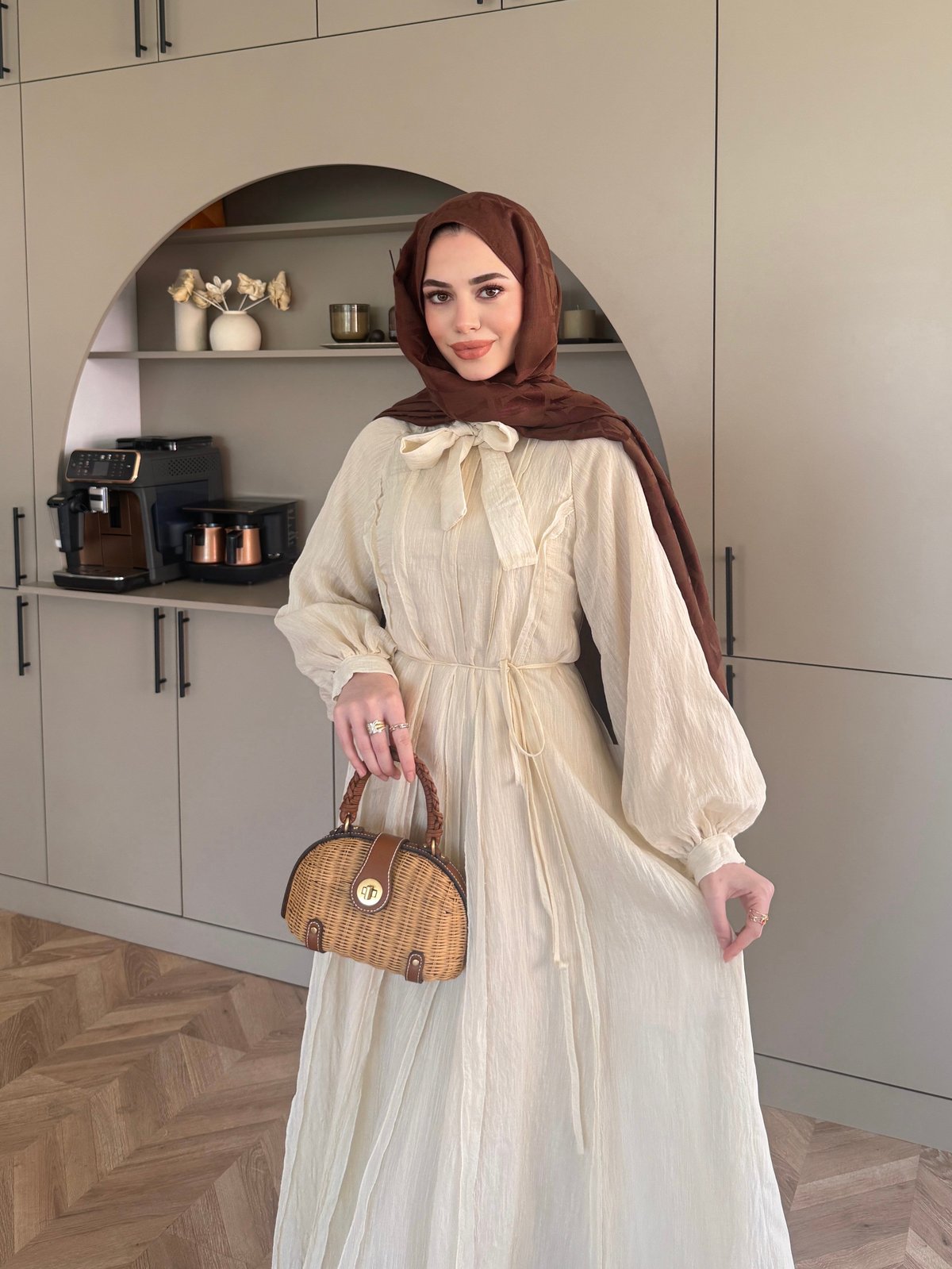 Safir Bağlama Detaylı Elbise Bej (4472)