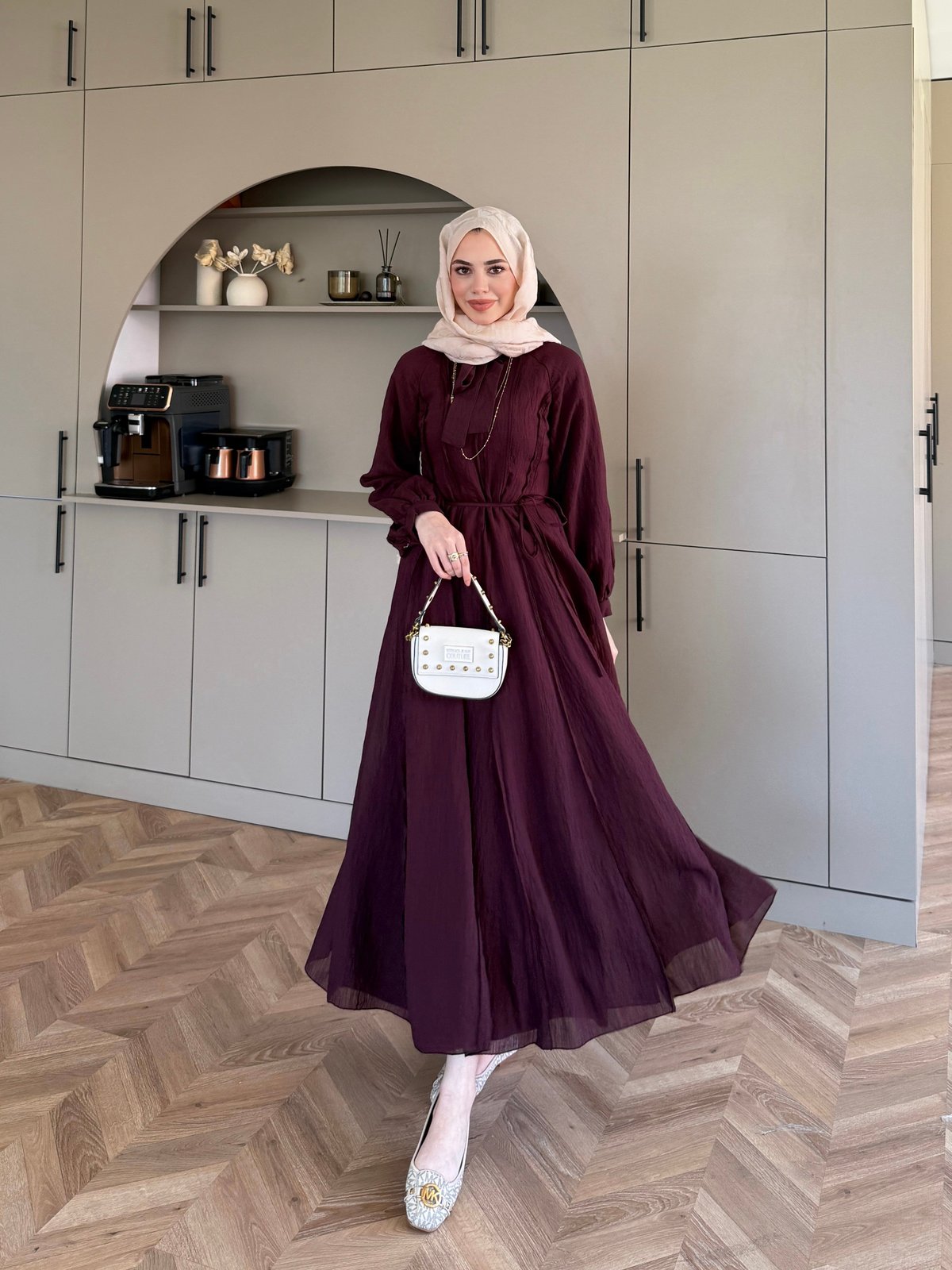 Safir Bağlama Detaylı Elbise Mürdüm (4472)