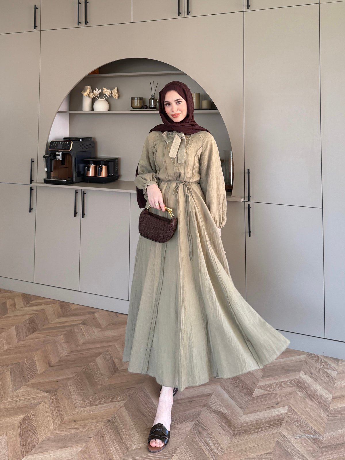 Safir Bağlama Detaylı Elbise Yağ Yeşili (4472)