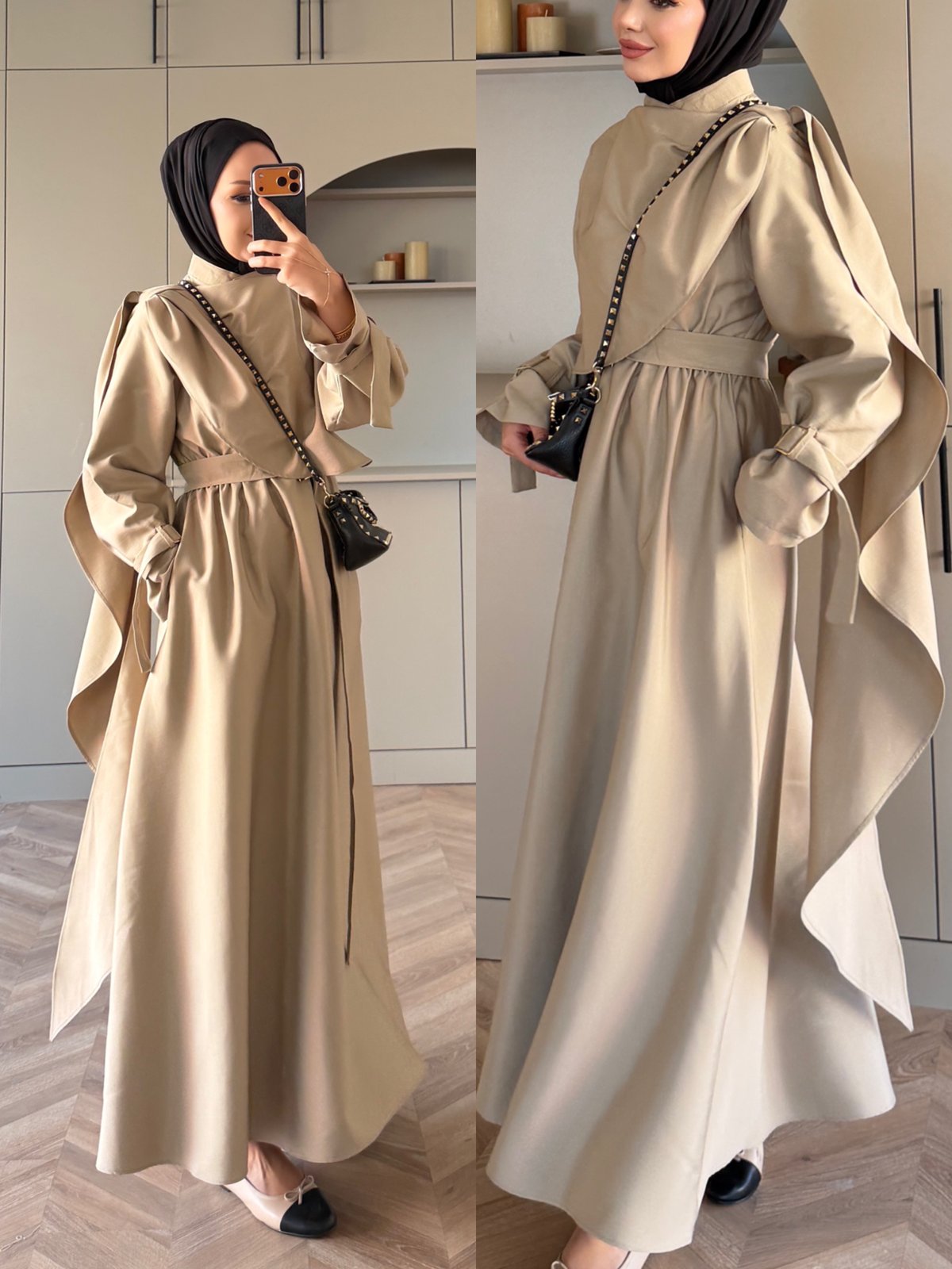 Şal Detaylı Trenç Elbise Bej (8865)
