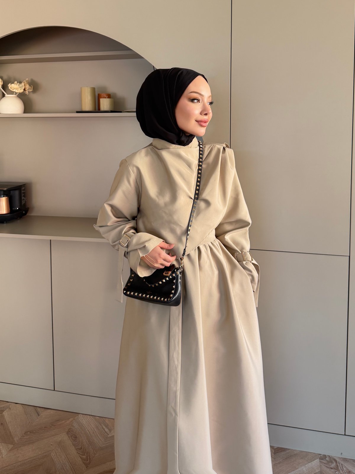 Şal Detaylı Trenç Elbise Bej (8865)