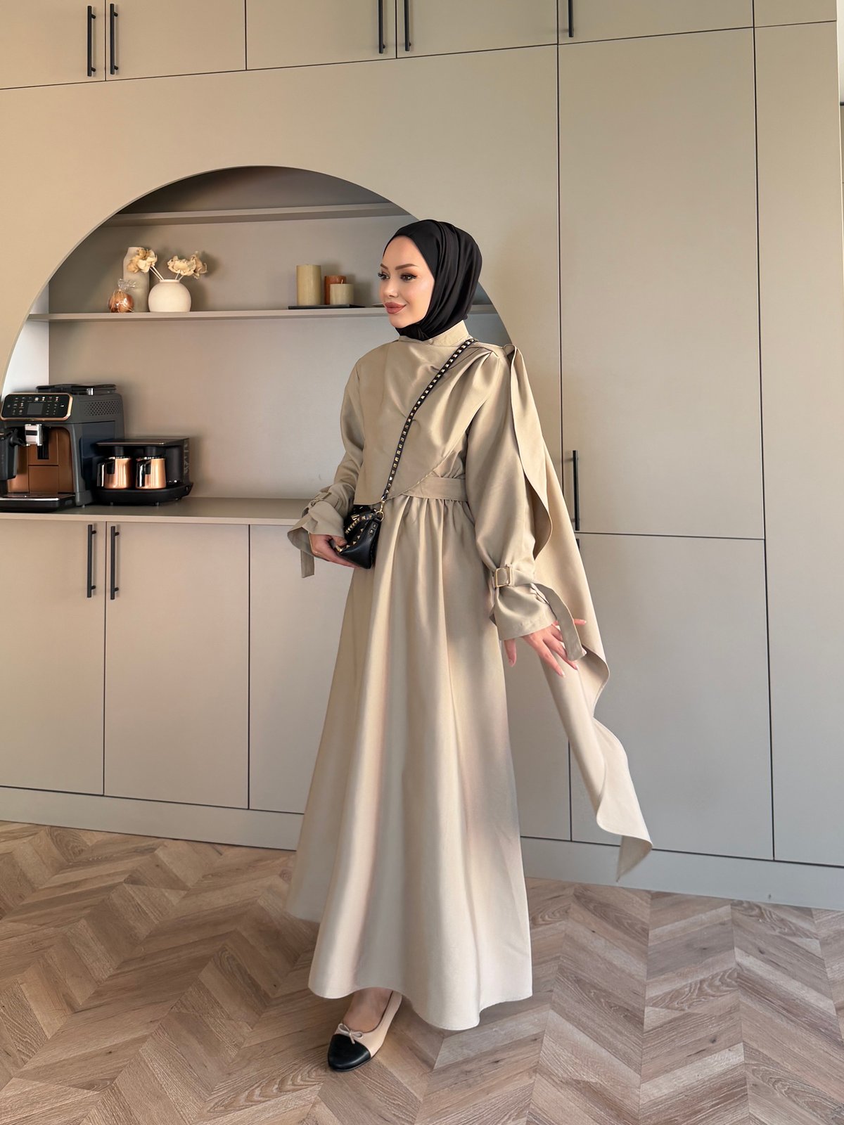Şal Detaylı Trenç Elbise Bej (8865)