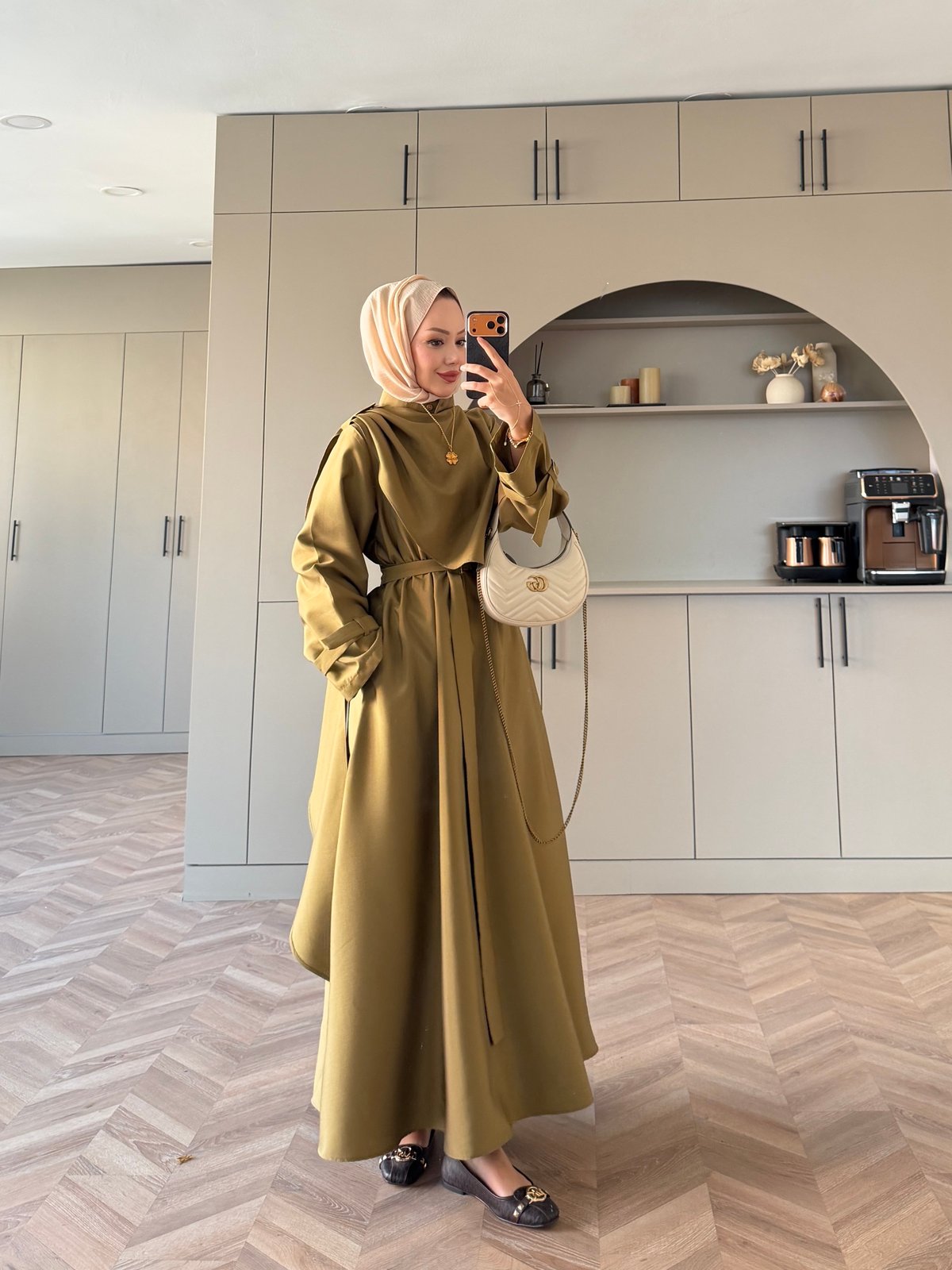 Şal Detaylı Trenç Elbise Haki (8865)