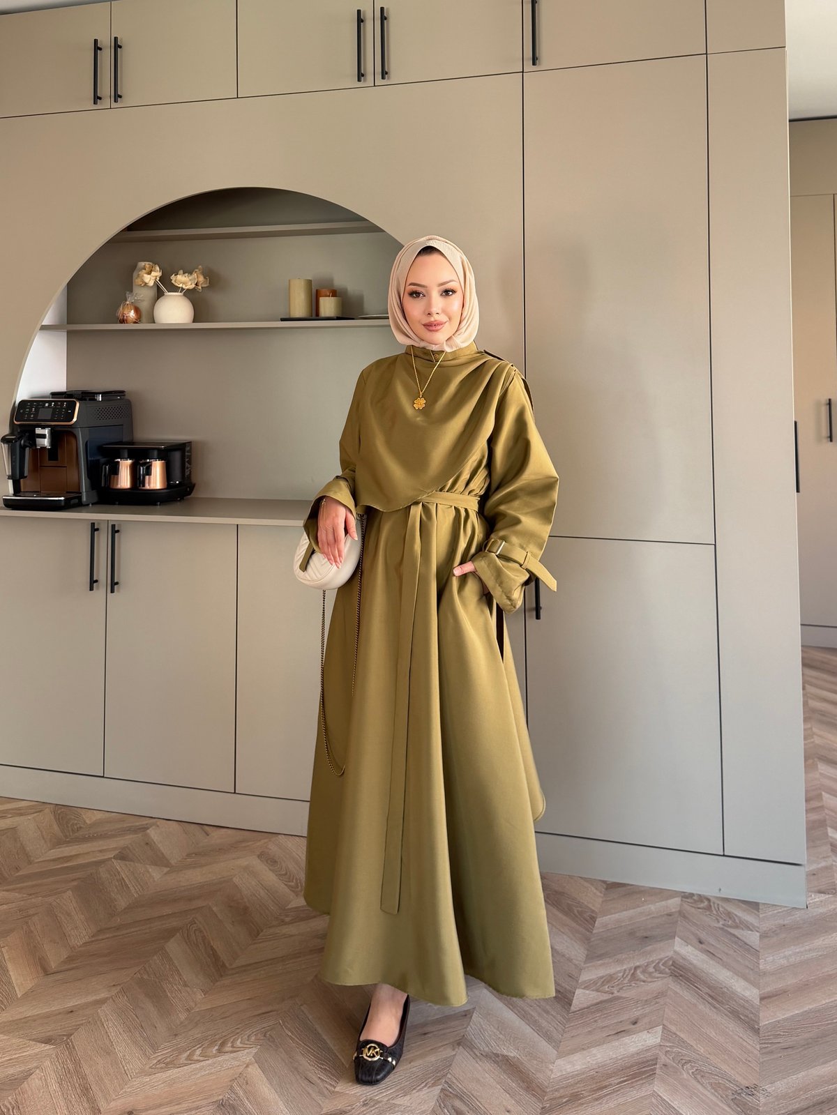 Şal Detaylı Trenç Elbise Haki (8865)