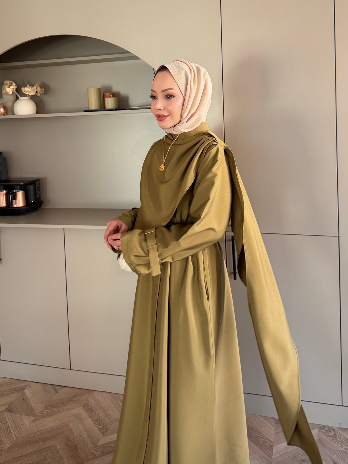 Şal Detaylı Trenç Elbise Haki (8865)