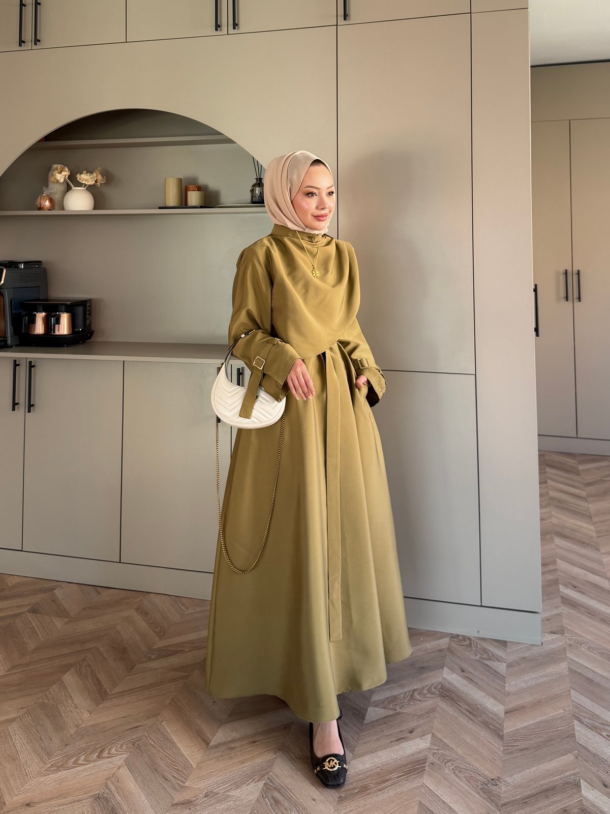 Şal Detaylı Trenç Elbise Haki (8865)
