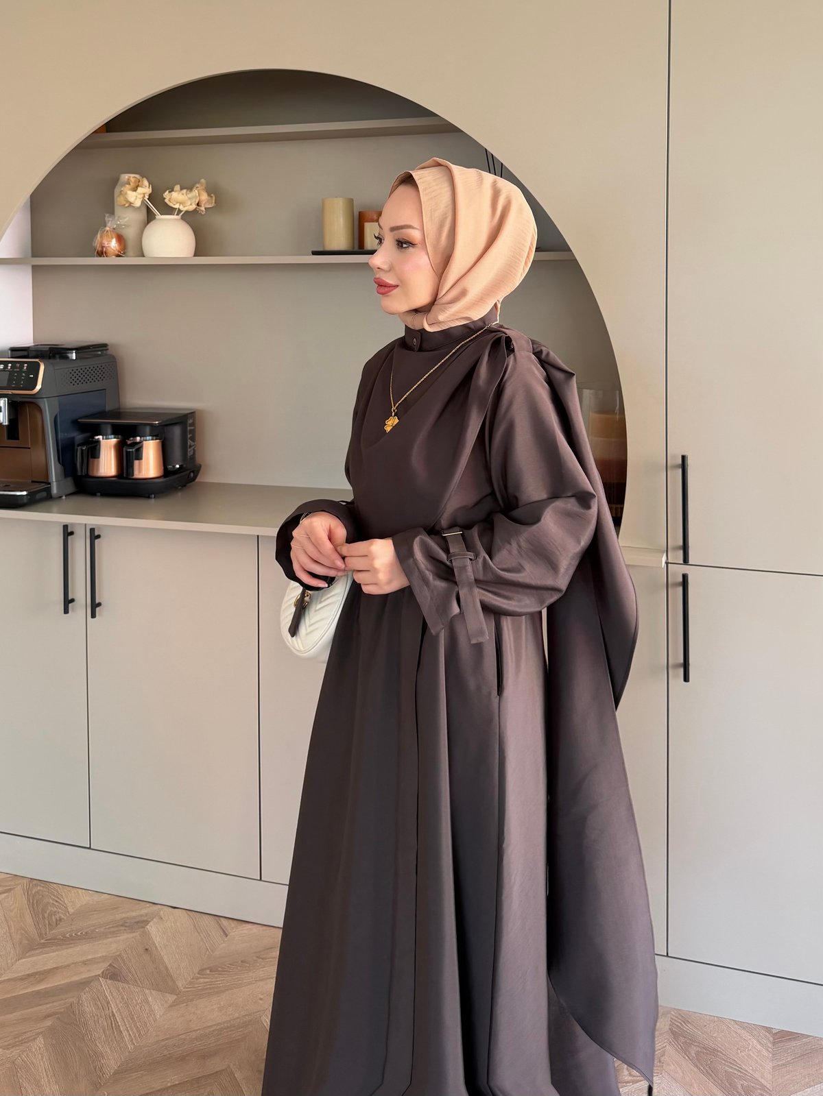 Şal Detaylı Trenç Elbise Kahve (8865)