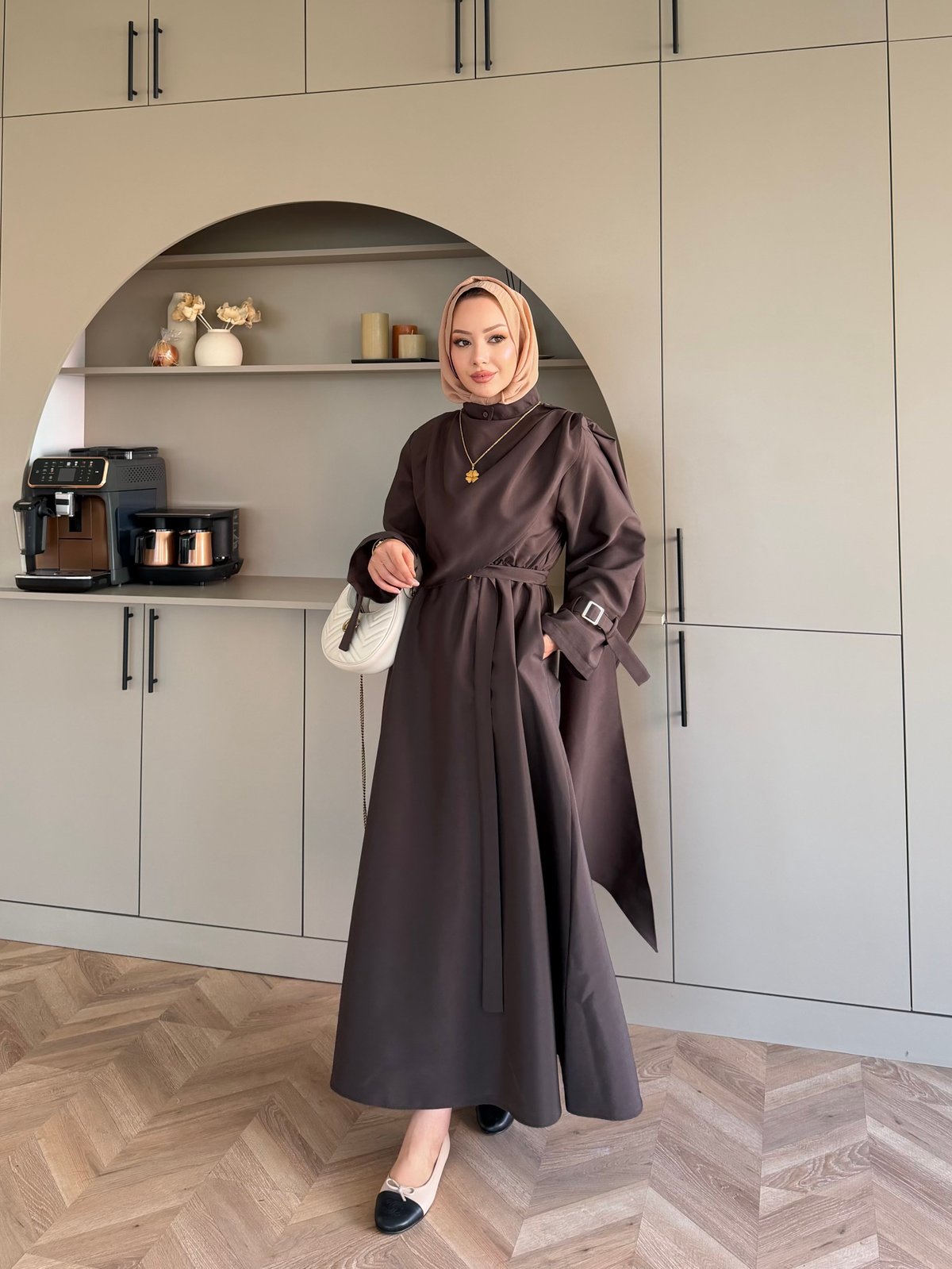 Şal Detaylı Trenç Elbise Kahve (8865)