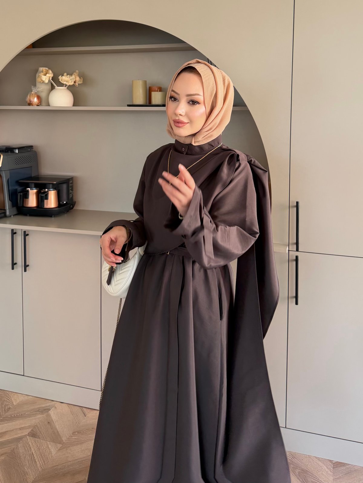 Şal Detaylı Trenç Elbise Kahve (8865)