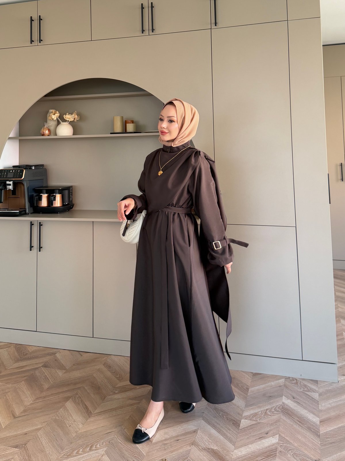 Şal Detaylı Trenç Elbise Kahve (8865)