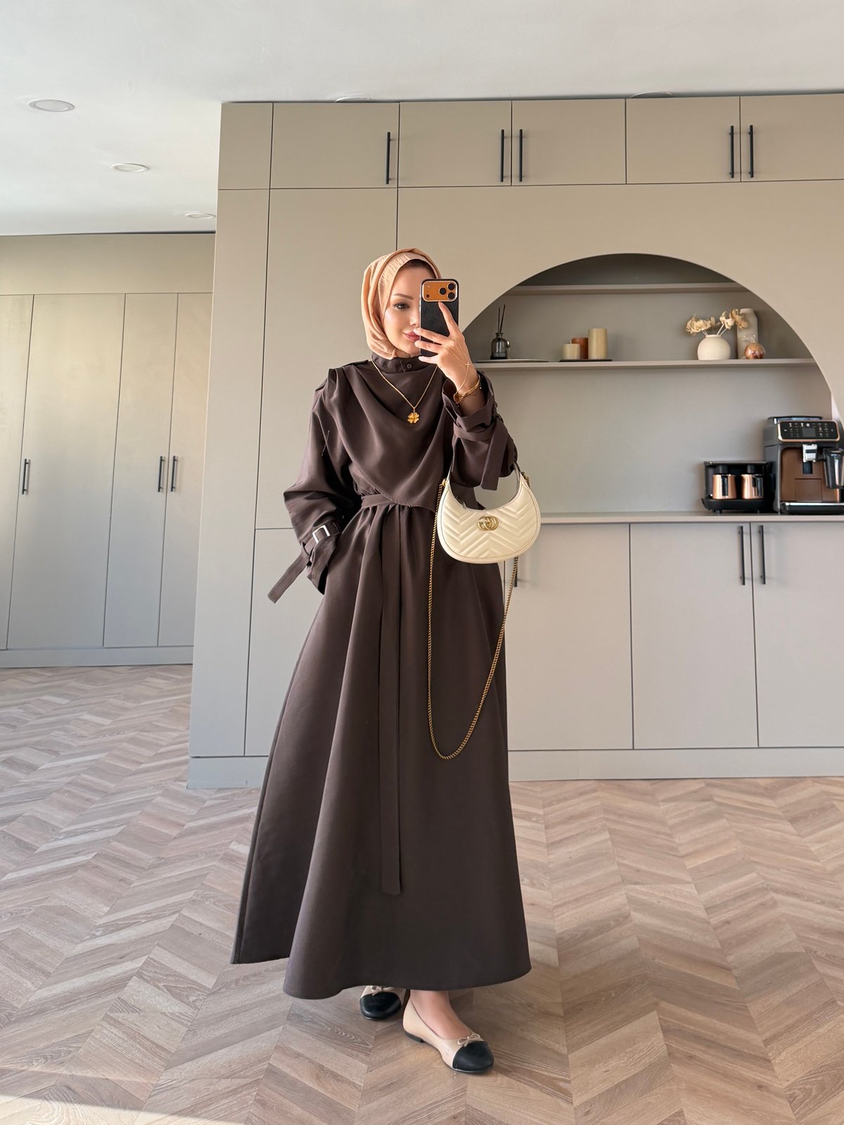 Şal Detaylı Trenç Elbise Kahve (8865)
