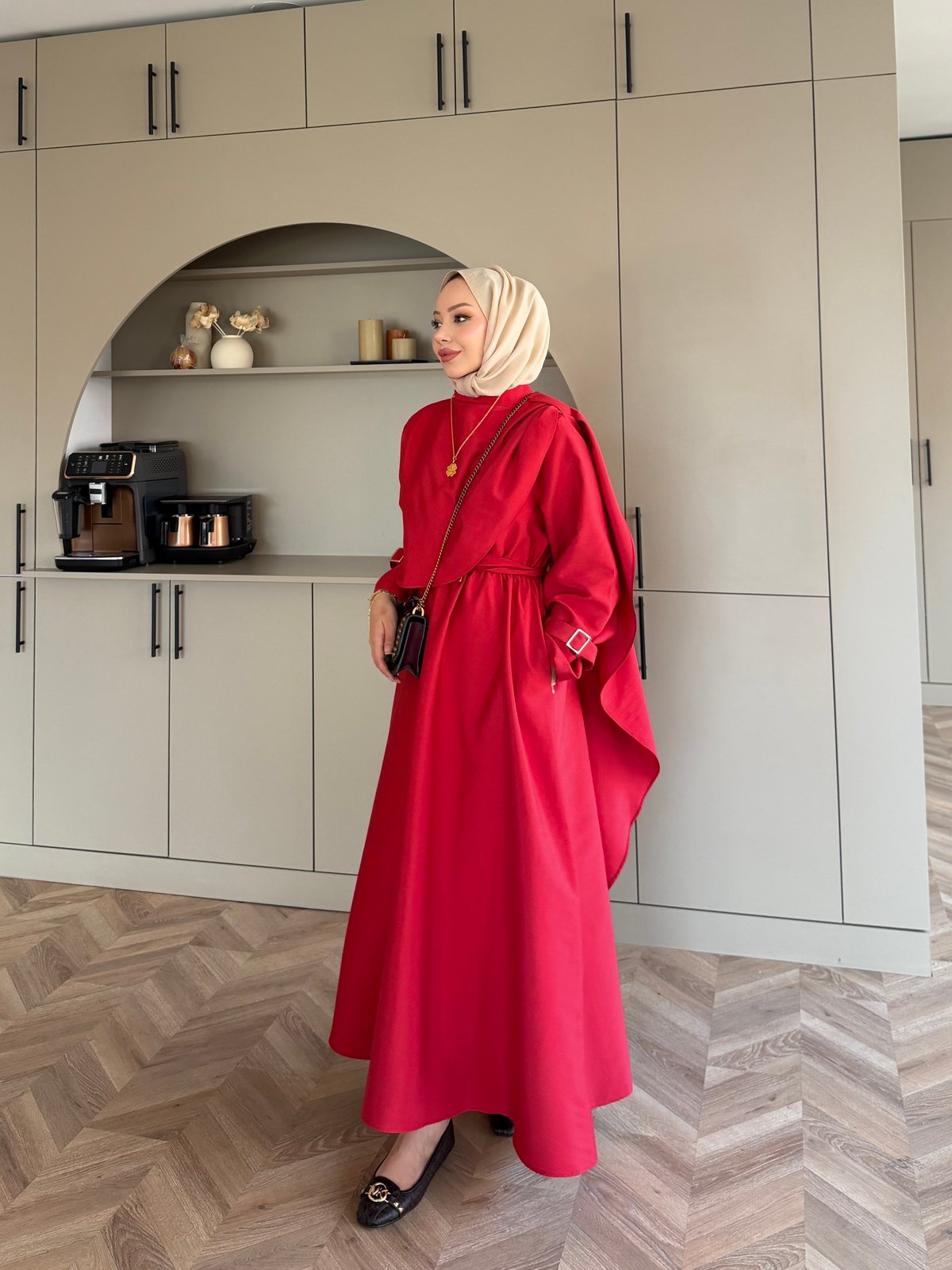 Şal Detaylı Trenç Elbise Kırmızı (8865)