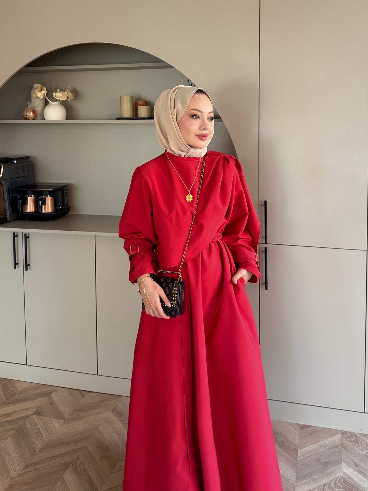 Şal Detaylı Trenç Elbise Kırmızı (8865)