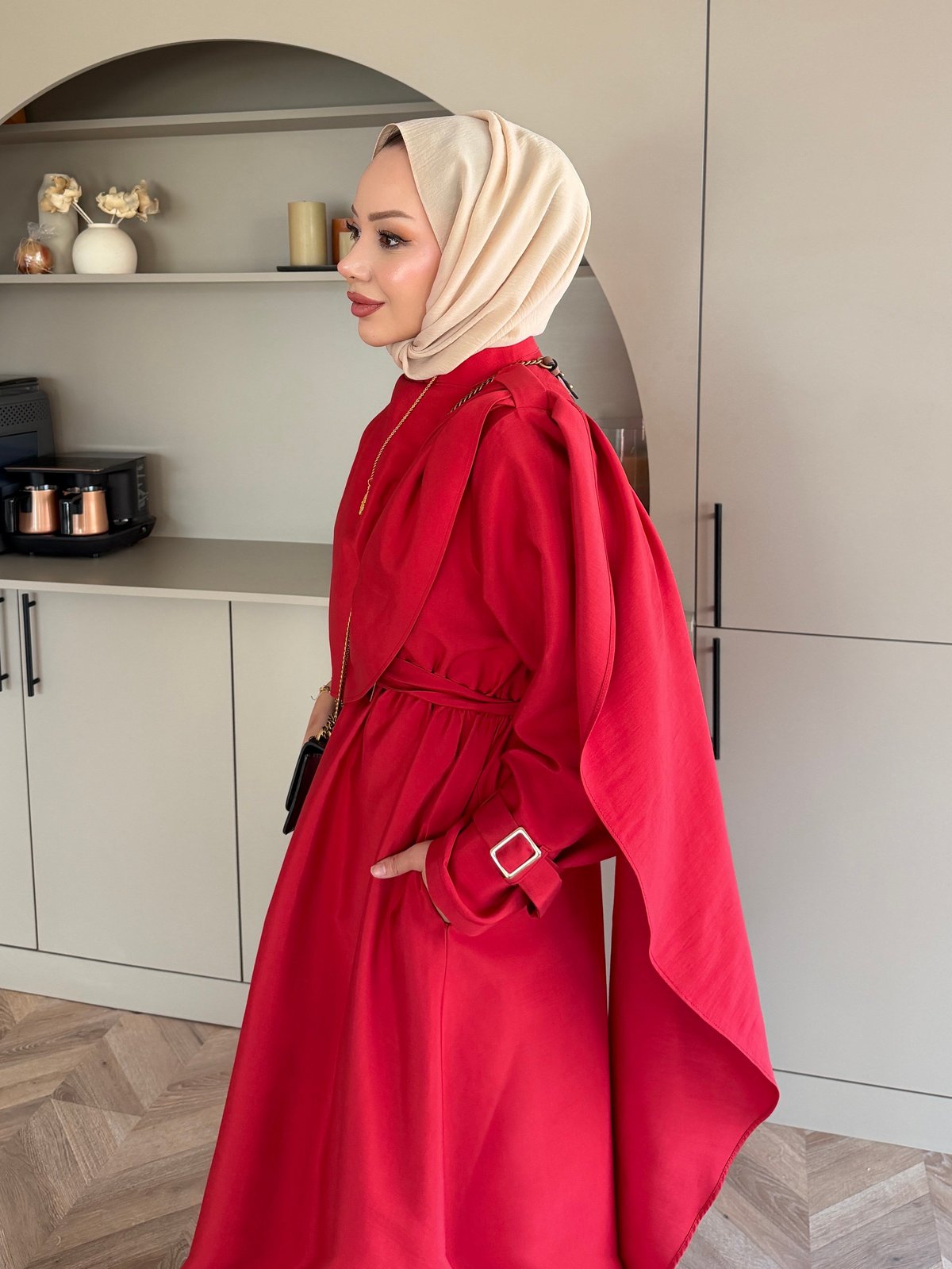 Şal Detaylı Trenç Elbise Kırmızı (8865)