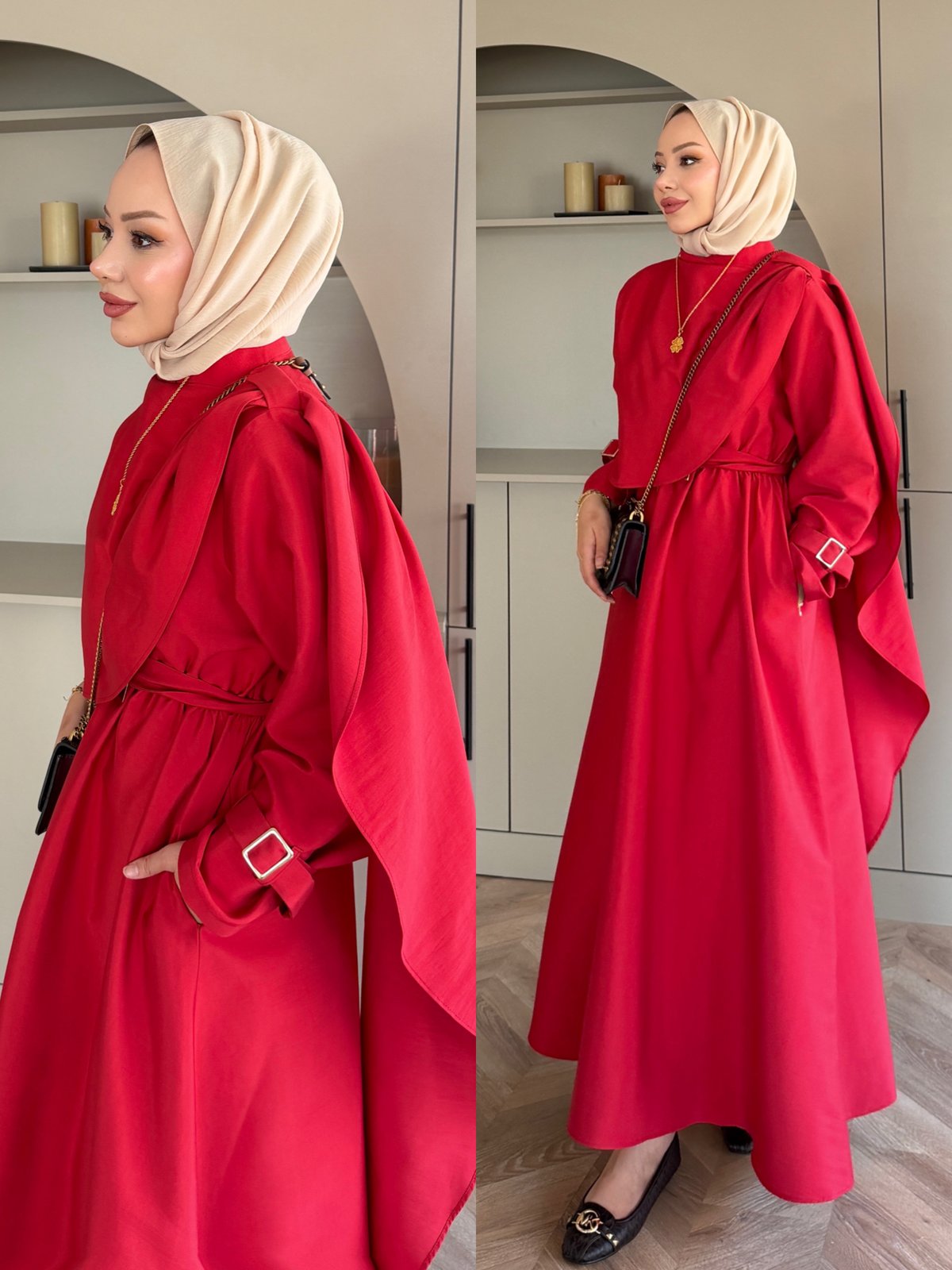 Şal Detaylı Trenç Elbise Kırmızı (8865)