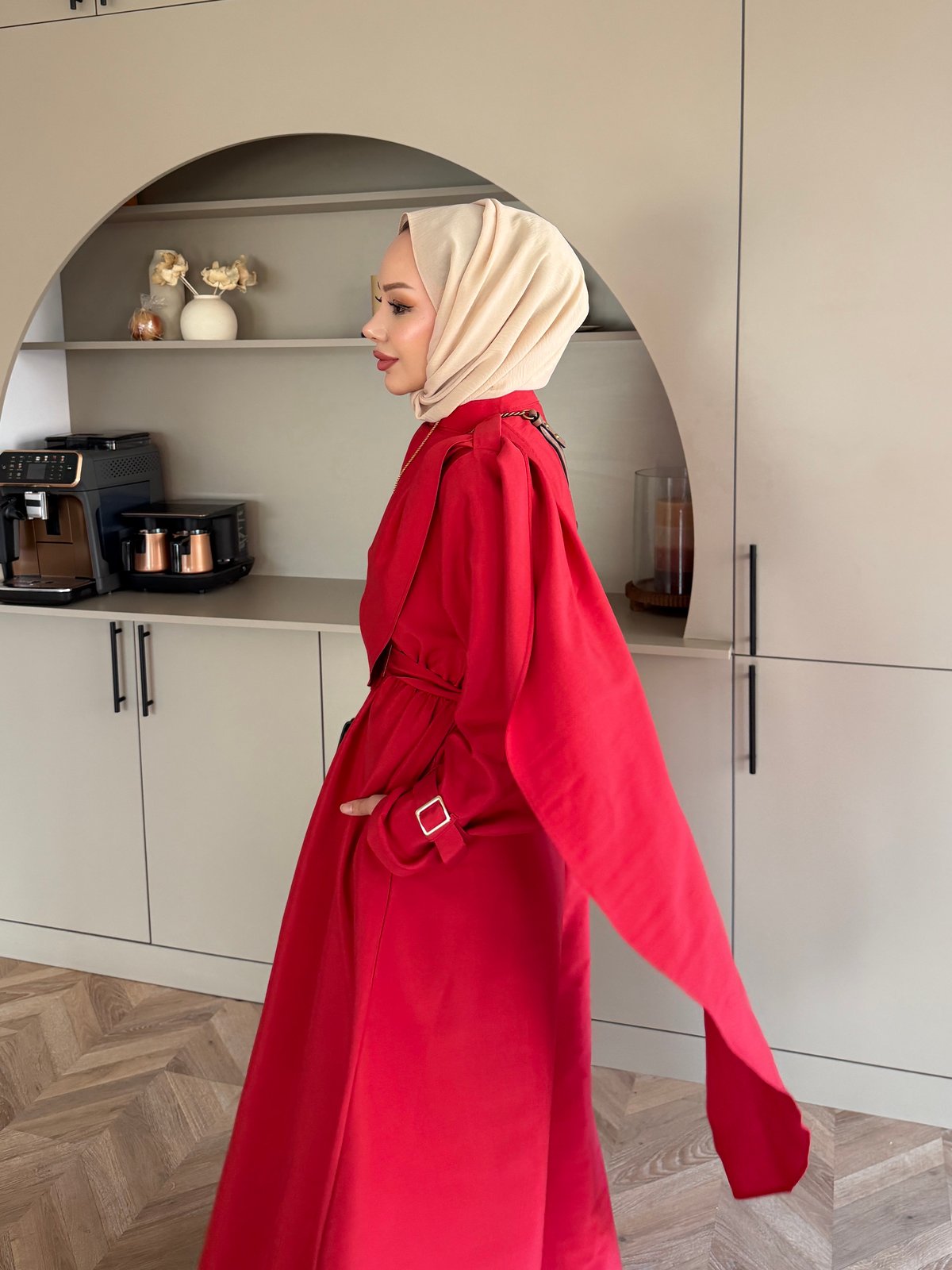 Şal Detaylı Trenç Elbise Kırmızı (8865)
