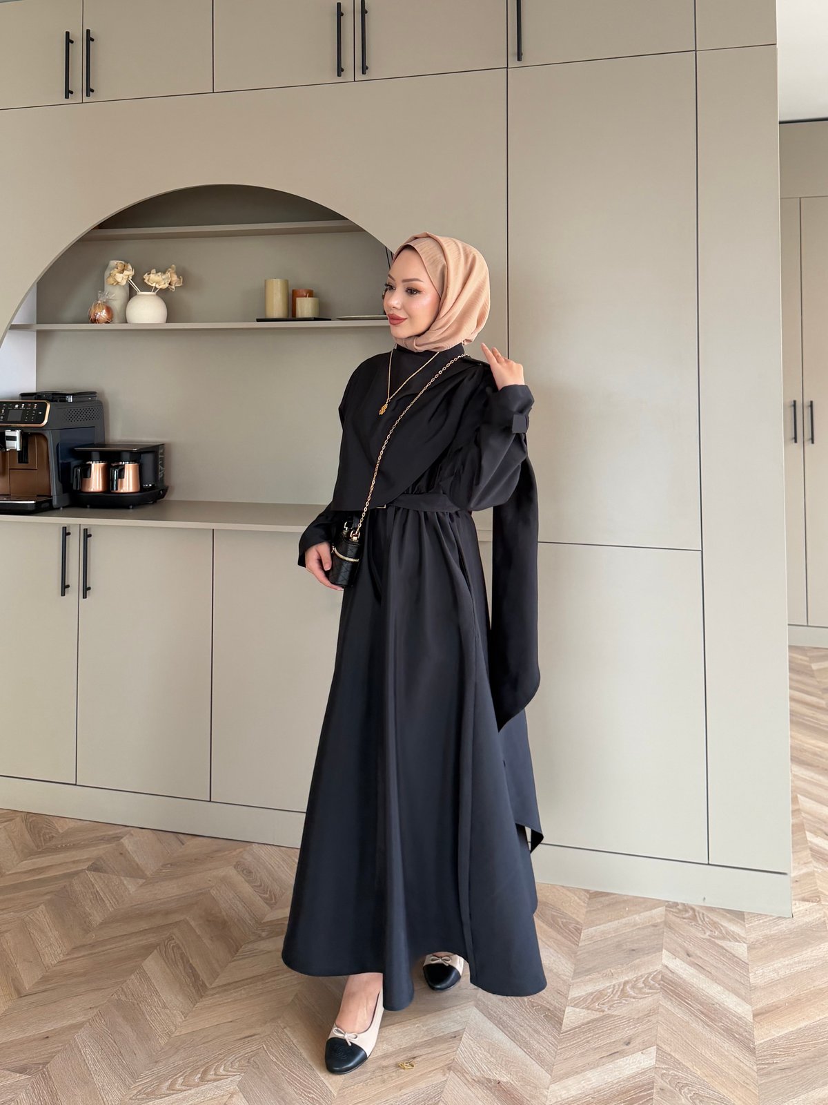 Şal Detaylı Trenç Elbise Siyah (8865)