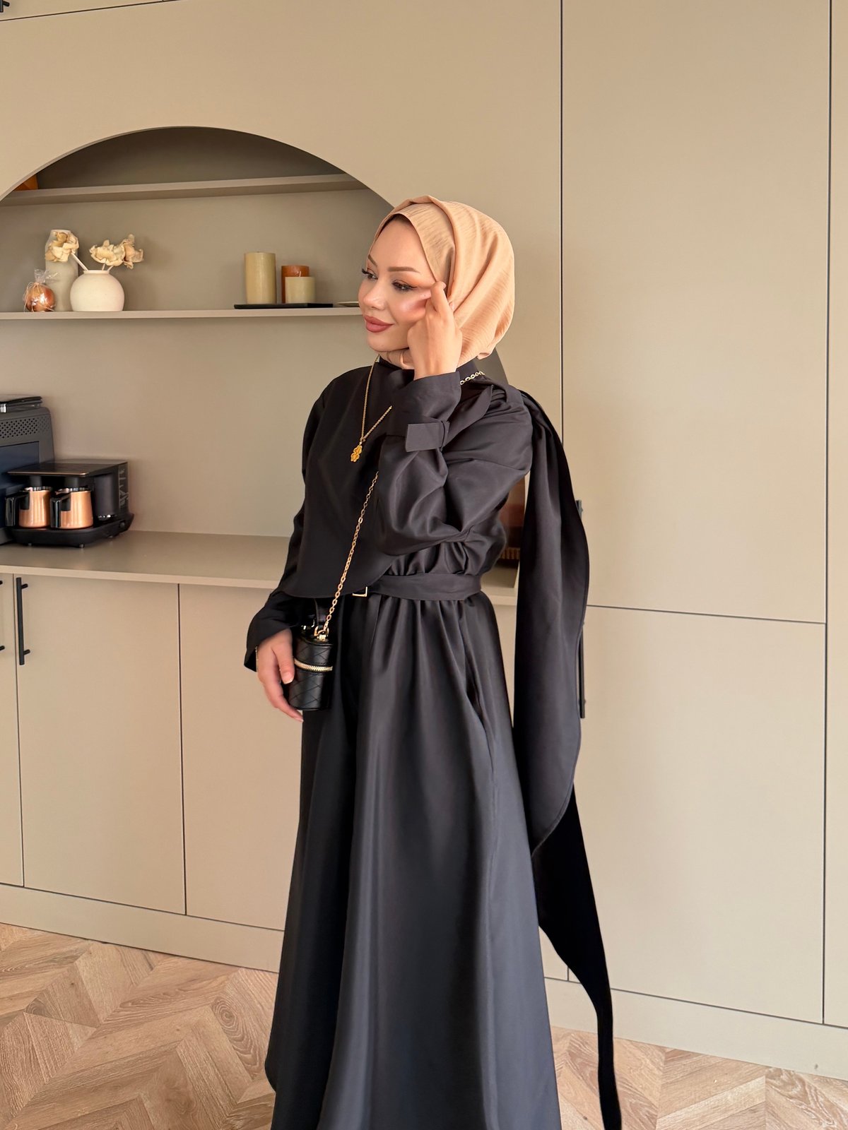 Şal Detaylı Trenç Elbise Siyah (8865)