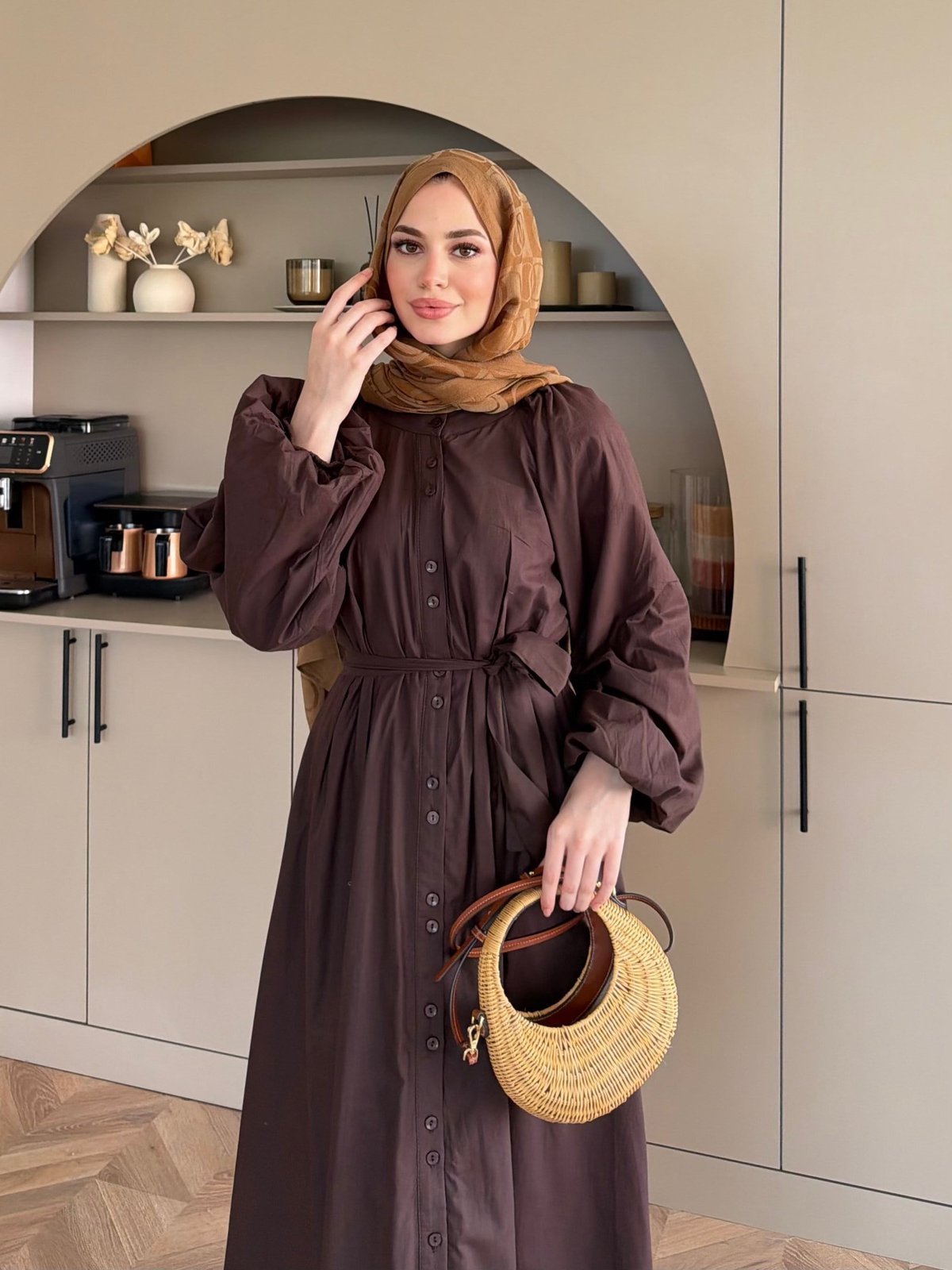 Selin Düğme Detaylı Elbise Acı Kahve (2277)