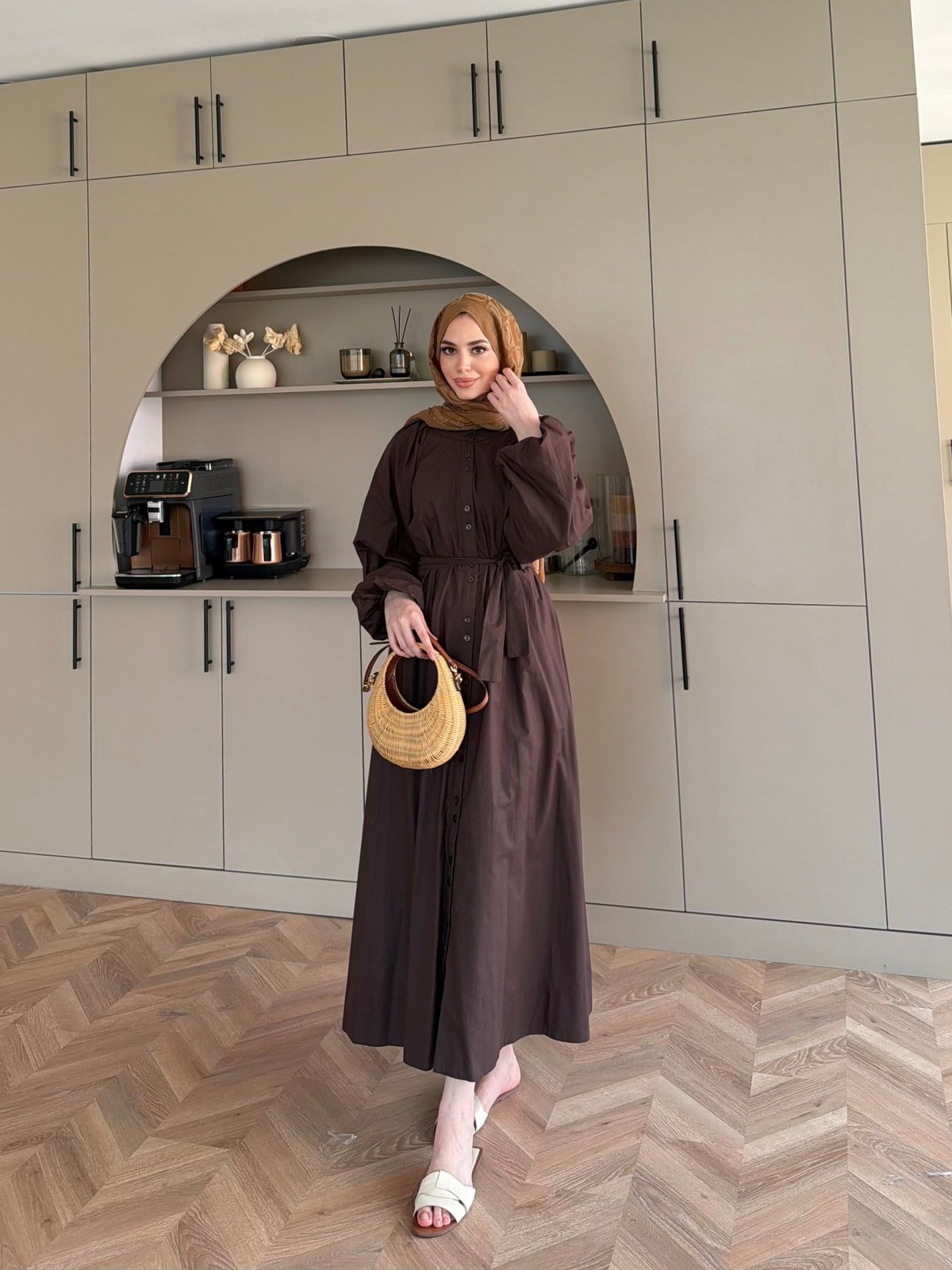 Selin Düğme Detaylı Elbise Acı Kahve (2277)