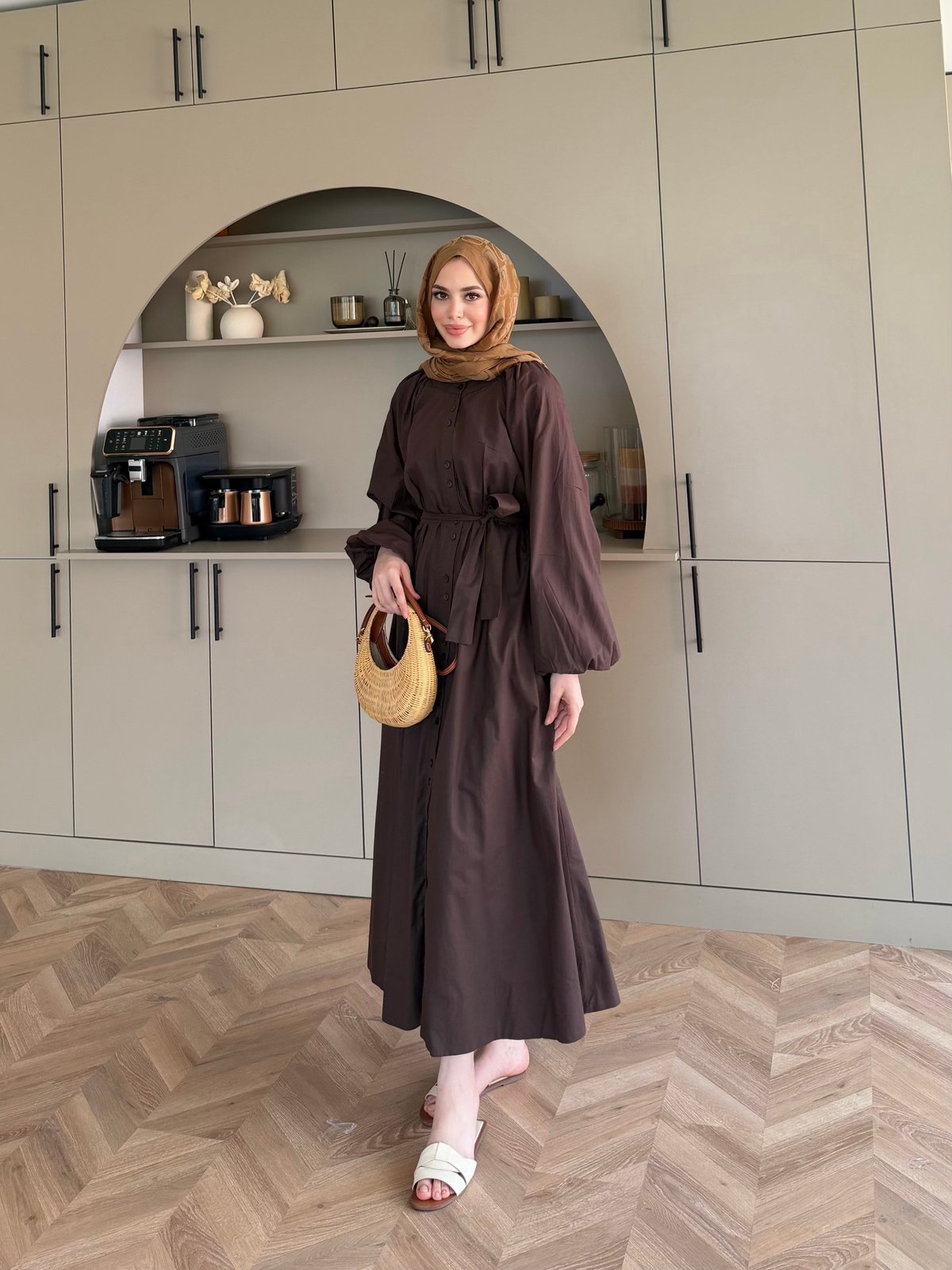 Selin Düğme Detaylı Elbise Acı Kahve (2277)