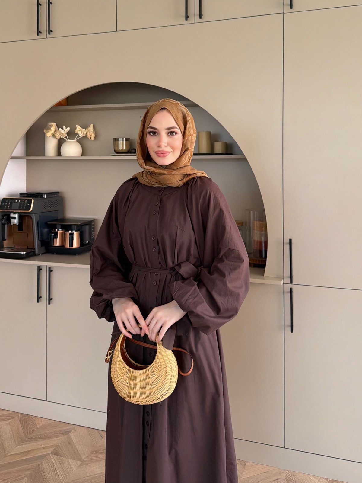 Selin Düğme Detaylı Elbise Acı Kahve (2277)