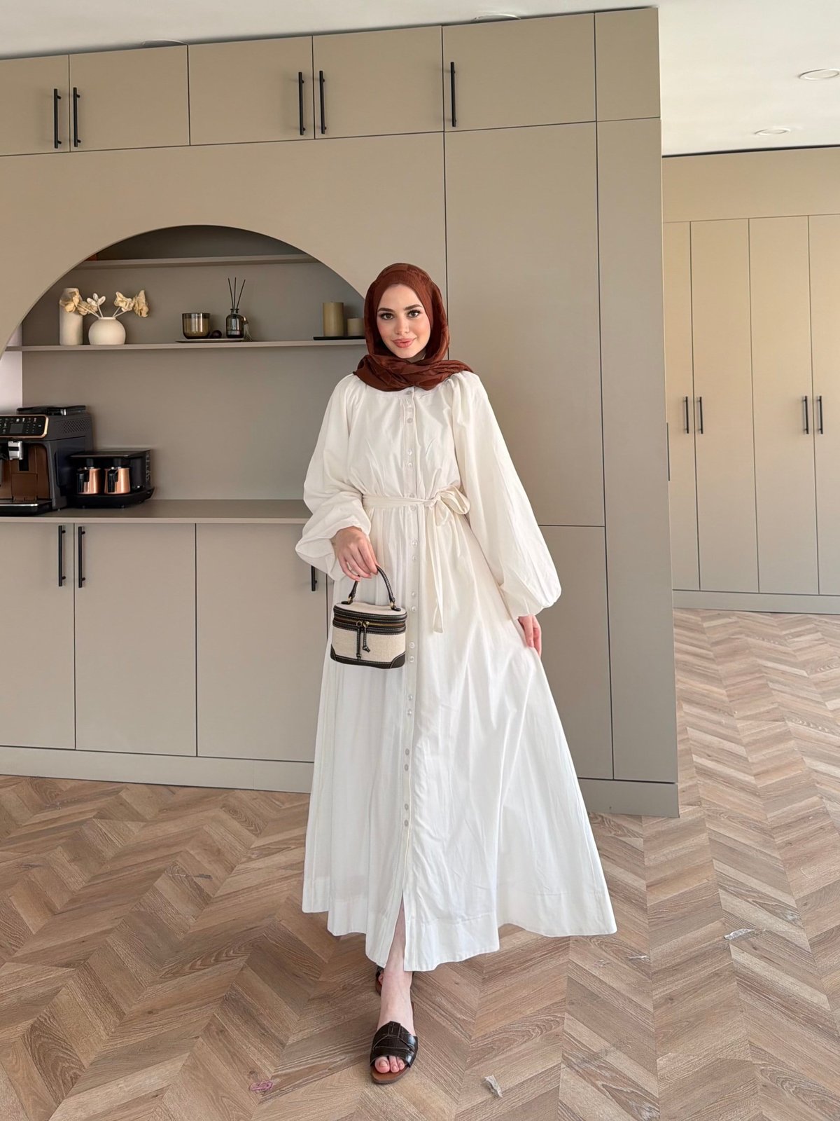 Selin Düğme Detaylı Elbise Beyaz (2277)