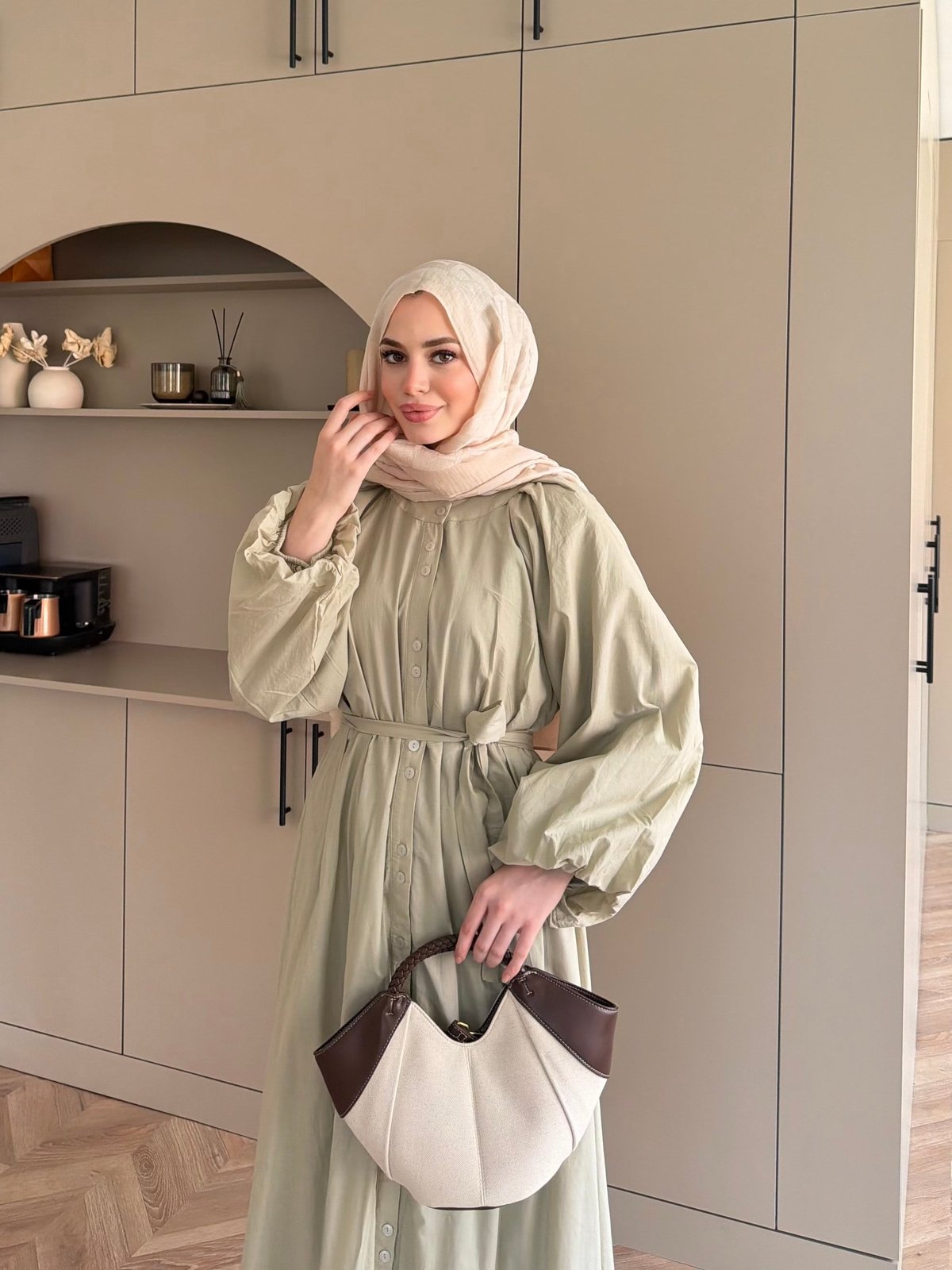 Selin Düğme Detaylı Elbise Çağla Yeşili (2277)