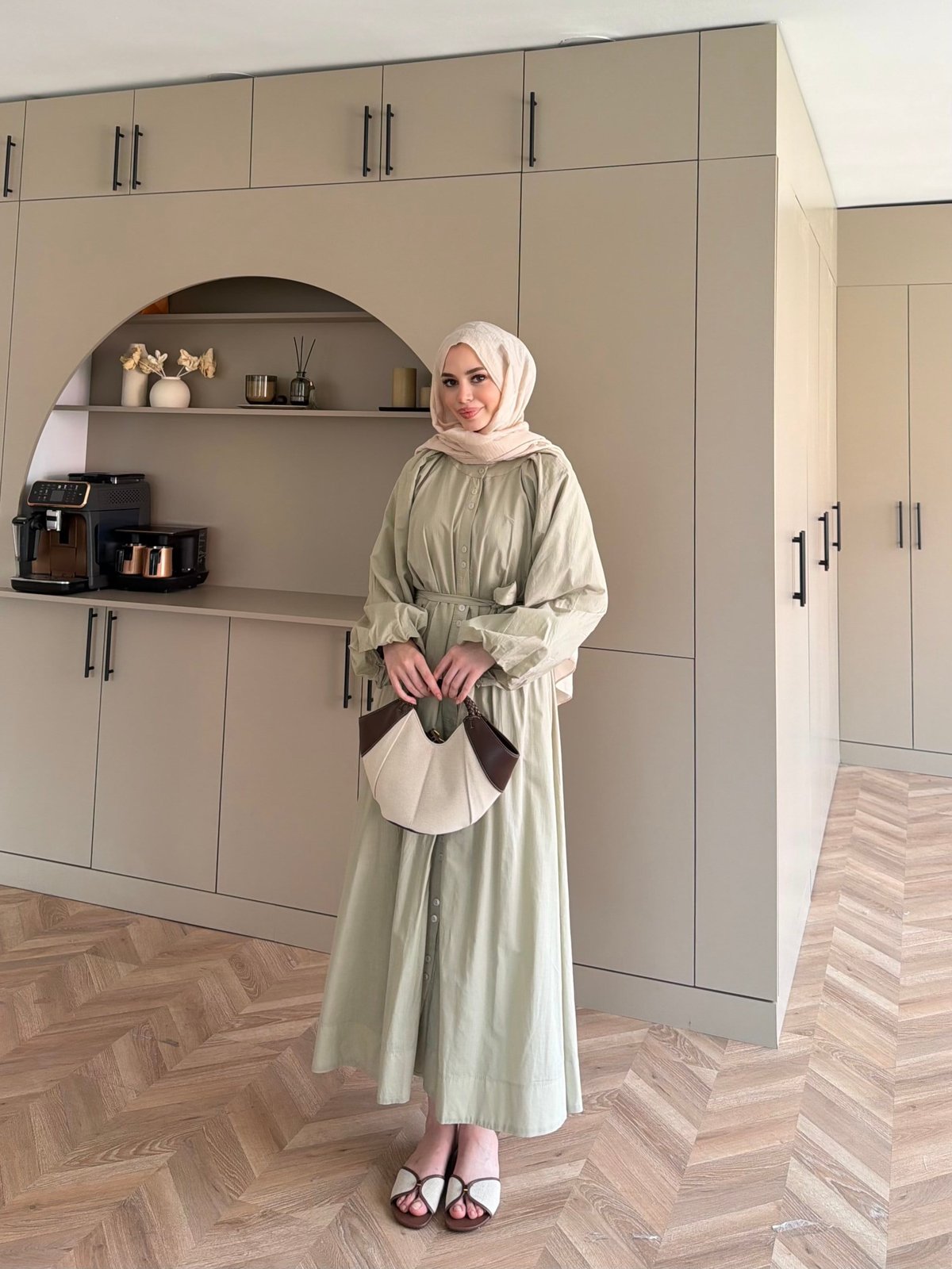 Selin Düğme Detaylı Elbise Çağla Yeşili (2277)
