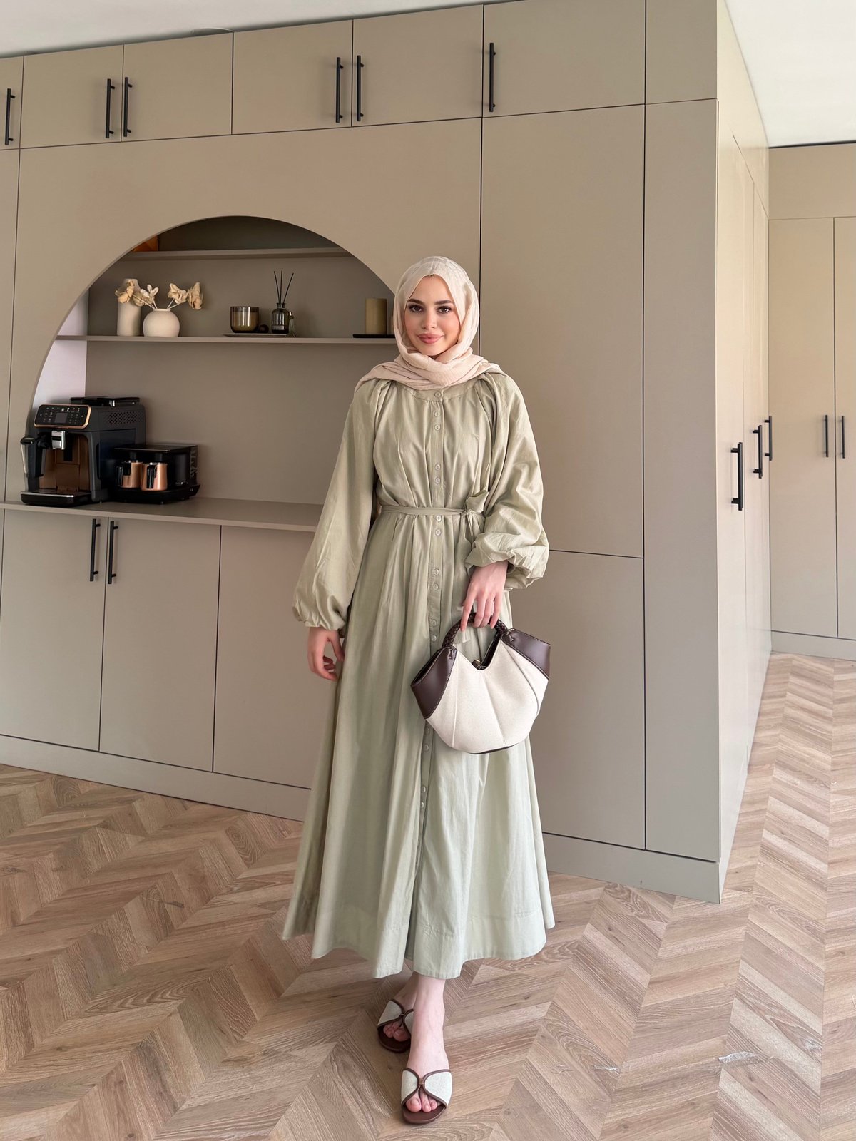 Selin Düğme Detaylı Elbise Çağla Yeşili (2277)