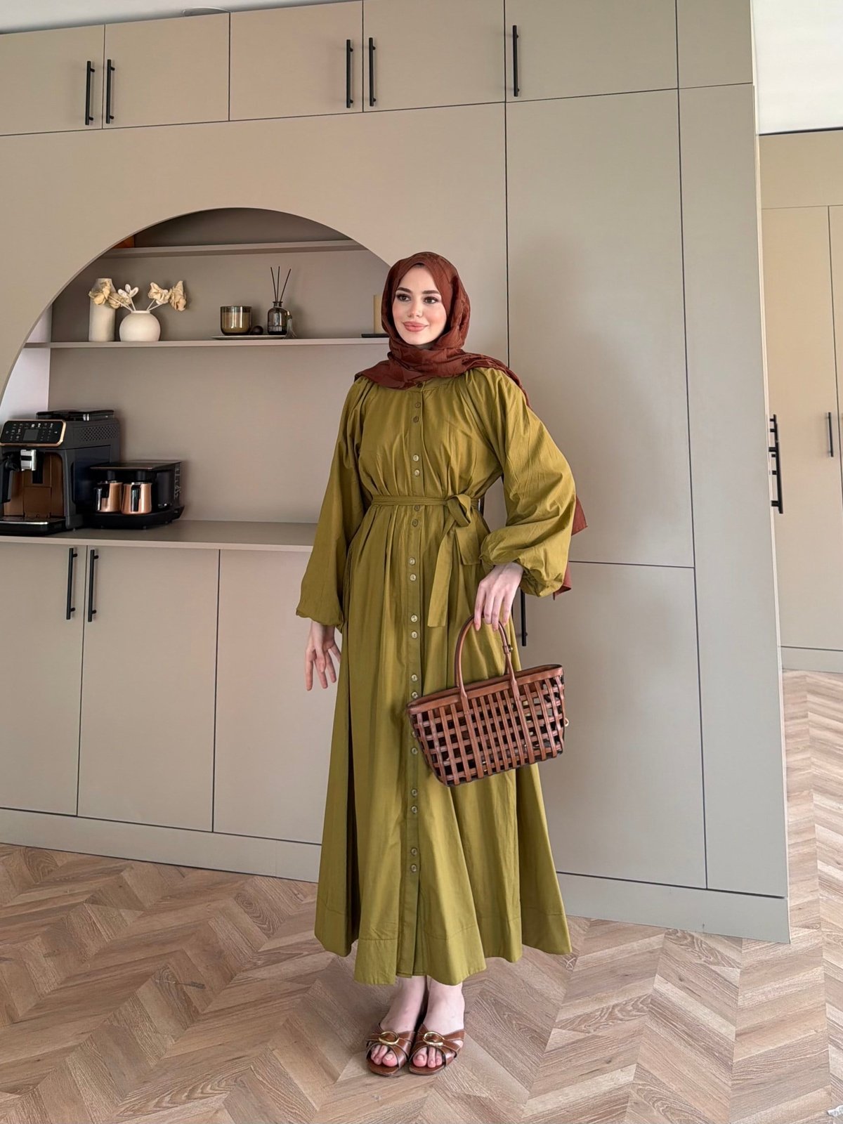 Selin Düğme Detaylı Elbise Yağ Yeşili (2277)