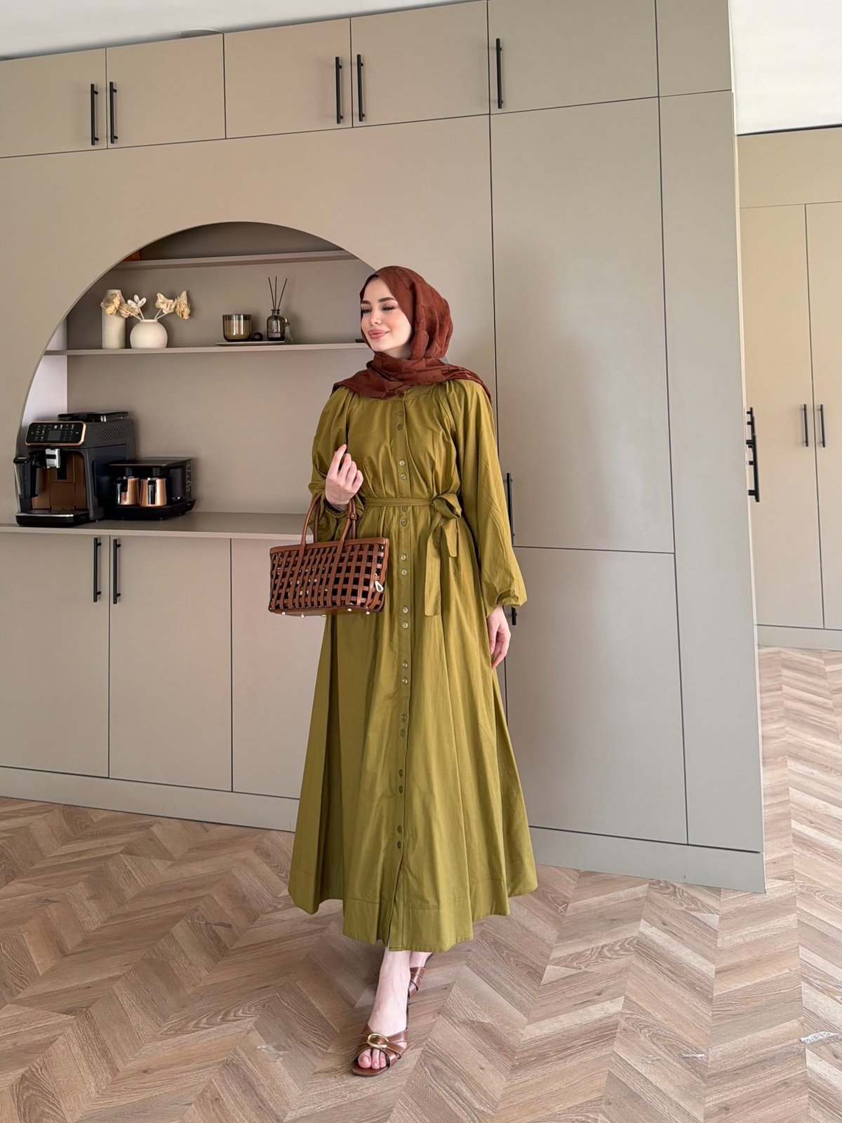 Selin Düğme Detaylı Elbise Yağ Yeşili (2277)