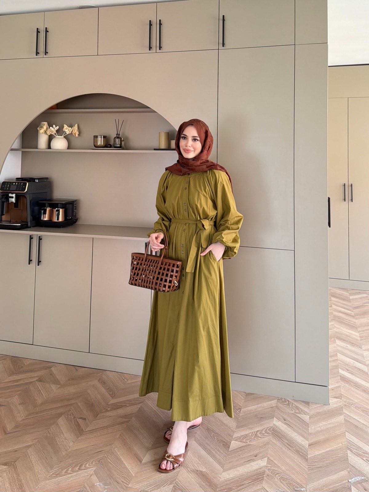 Selin Düğme Detaylı Elbise Yağ Yeşili (2277)